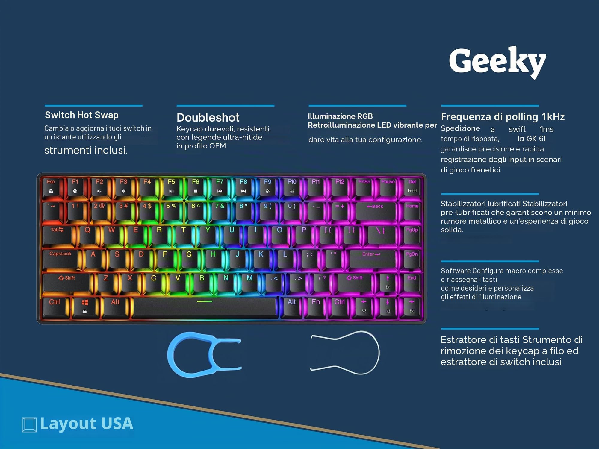 Geeky GK75 75% | Hot Swappable Tastiera da Gioco Meccanica | 84 Tasti Multi Colore RGB LED Retroilluminati per Gaming su PC/Mac | ANSI US Tastiera Americana (Nero, Mechanical Black)