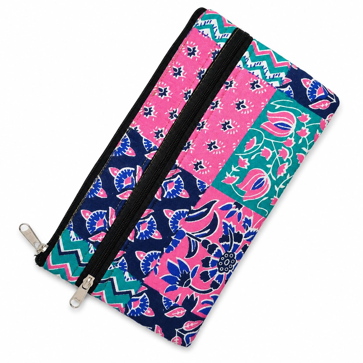 MKDP Store Wallet for Women | Stylish Cotton Purse for Women | Double Zip Wallet | Cash, Cards & Coins Holder | Lightweight Floral Wallet for Daily Use | Navy Blue & Pink 22 x 12 cm-image-37