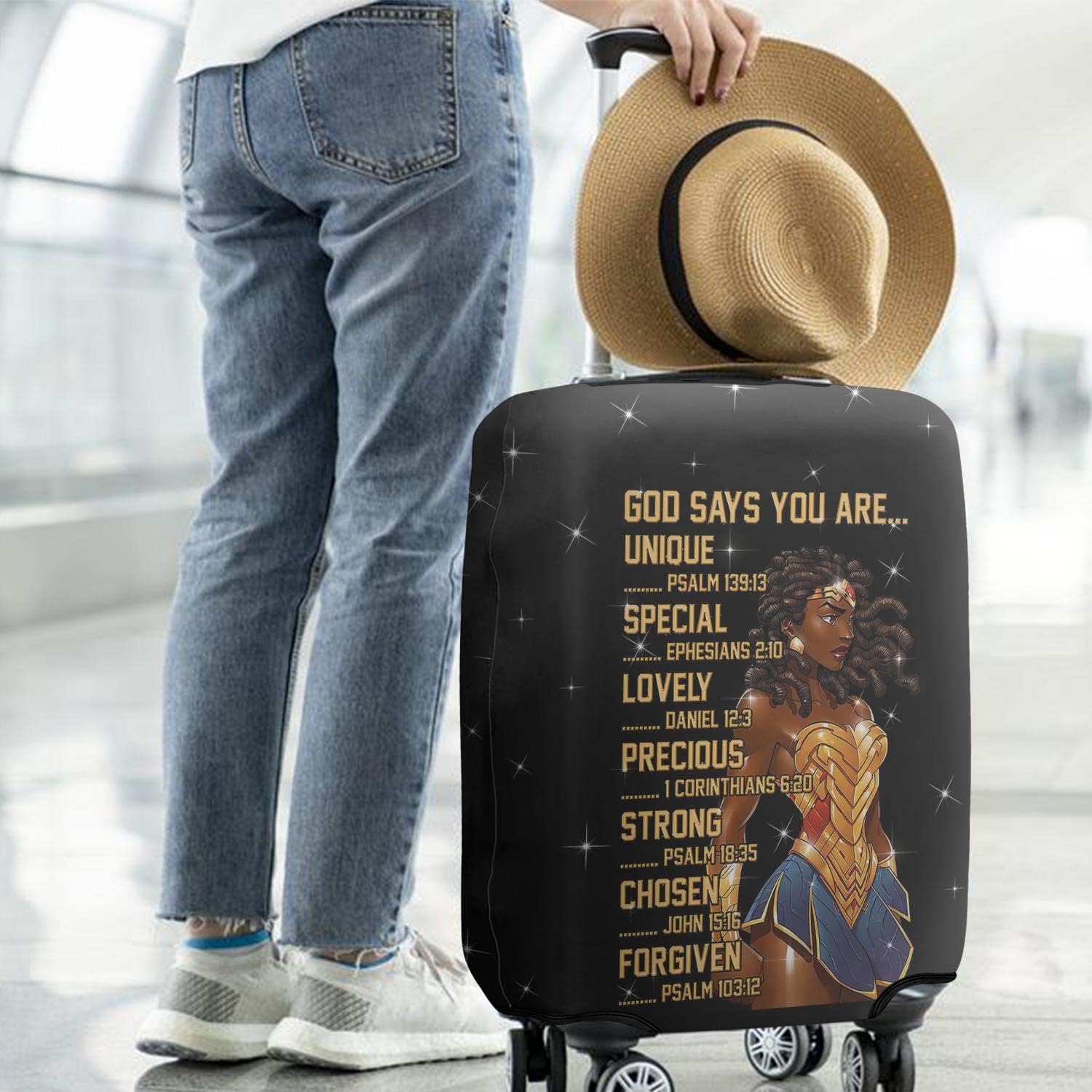 African American Luggage Cover Washable Inspirational Bible Verses Motivational Suitcase Protector God Says You Are Unique Special Luggage Cover Fit 25-28 Inch