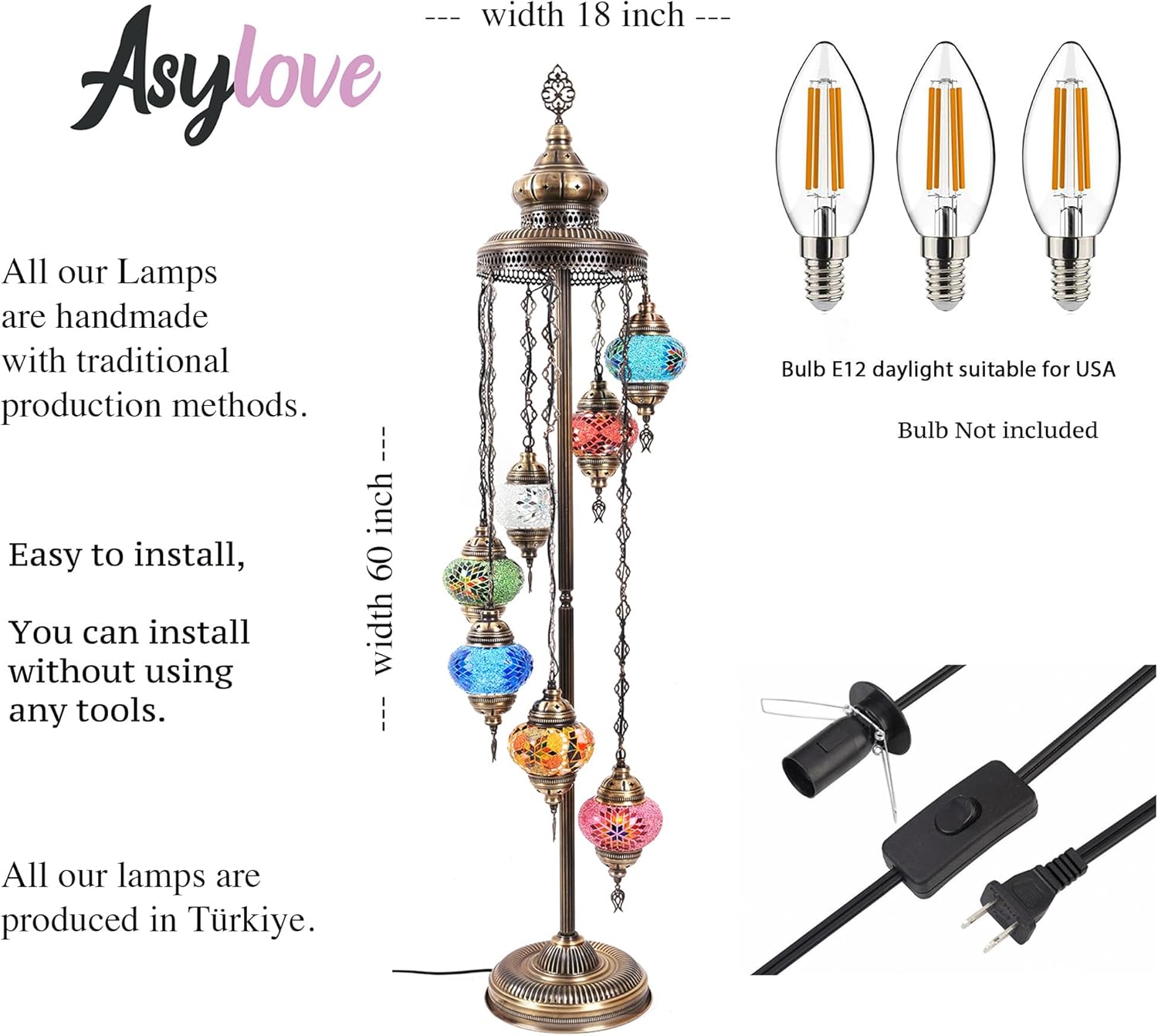 Asylove Turkish Floor Lamp, Mosaic Turkish Lamp, 7 GlobeFloor Lighting Standing Decorative Home Modern Designs Offer Handmade Glass 5 inch Globe - Total Dimensions 18 x 18 x 60 inch (Red)