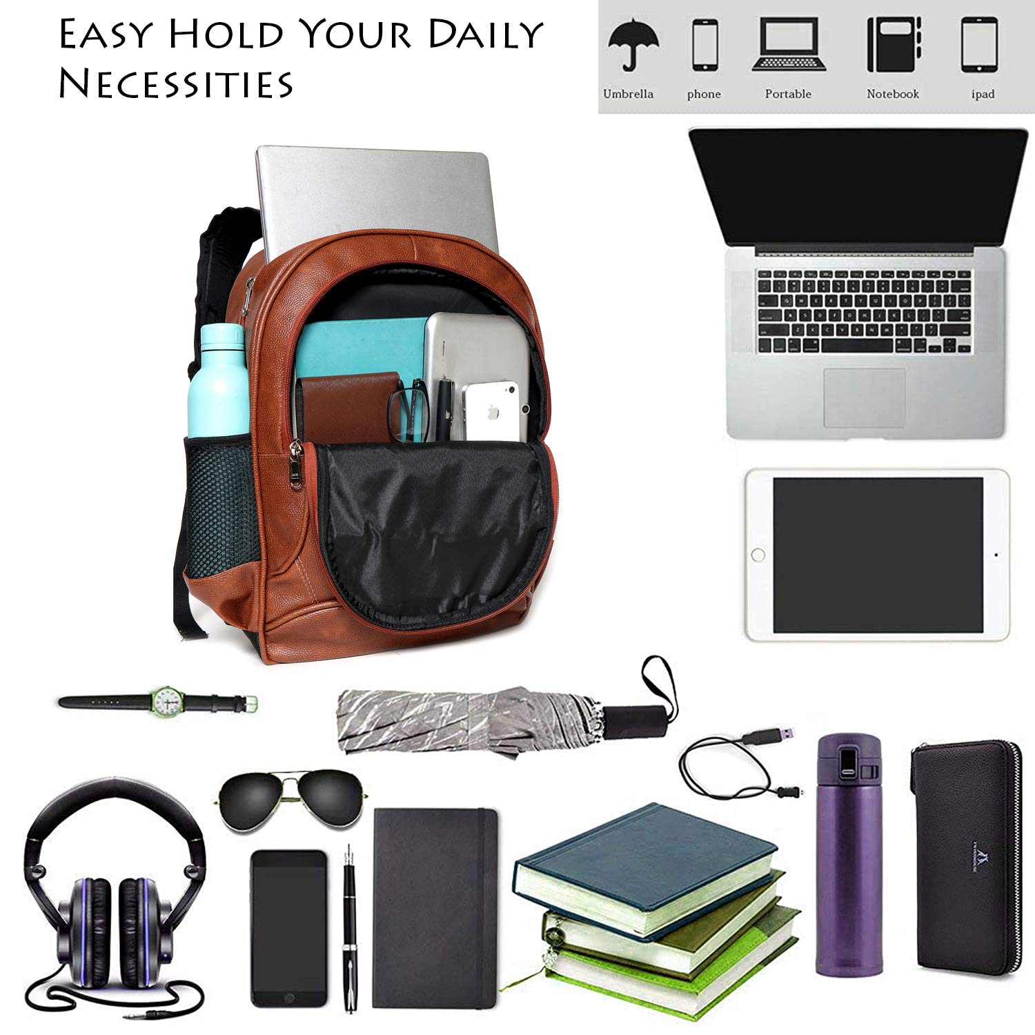 Bagneeds 20 Litres Leather School/College & Travel Laptop Backpack For Unisex - Tan 1