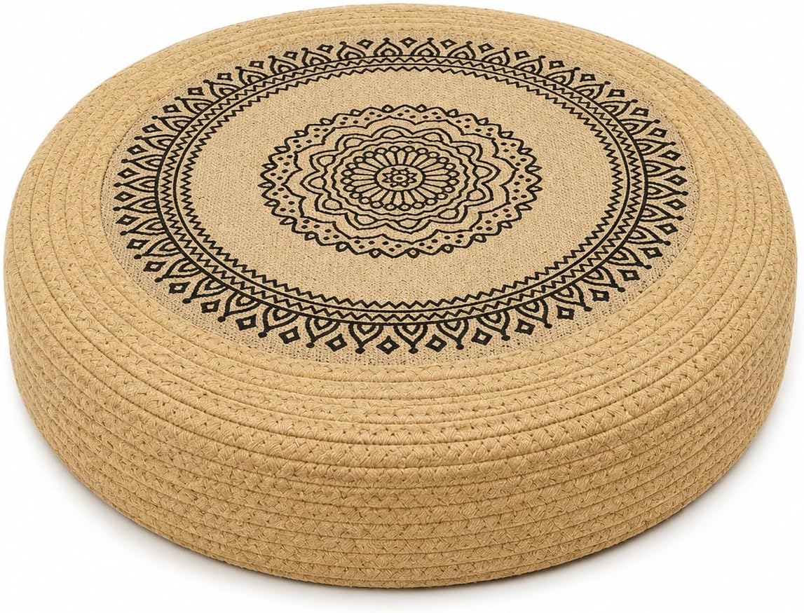 23.6" Handwoven Meditation Cushion, Boho Circular Floor Pillow | Natural, Eco-friendly, Lightweight, Breathable for Apartment Living Room Meditation Patio Outdoor Window Seat