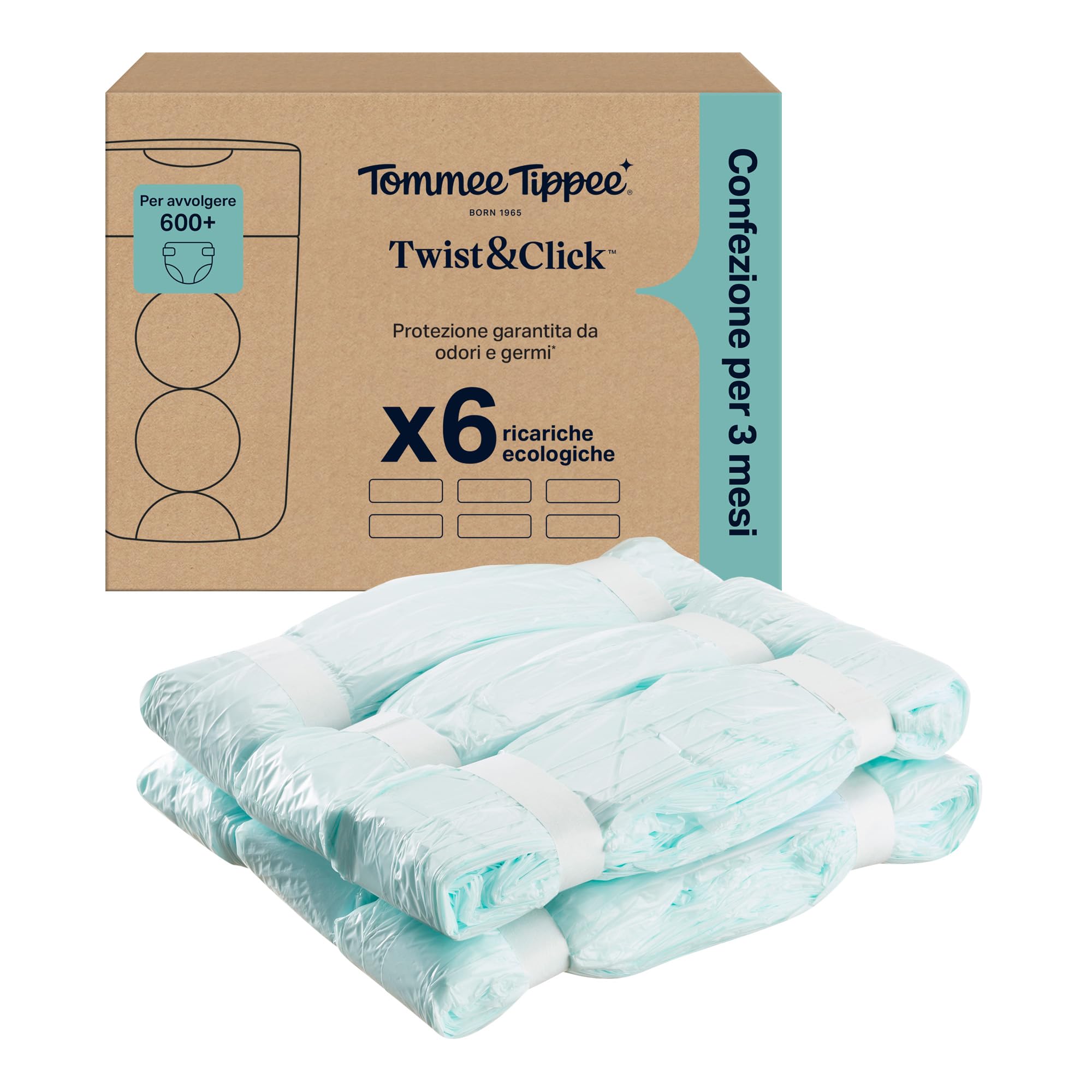 Tommee Tippee Sacchetti per mangiapannolini Twist & Click, 6 ricariche da 10,5 metri, pellicola antibatterica* multistrato, da inserire nella ricarica in uso, 6 x 10,5 m