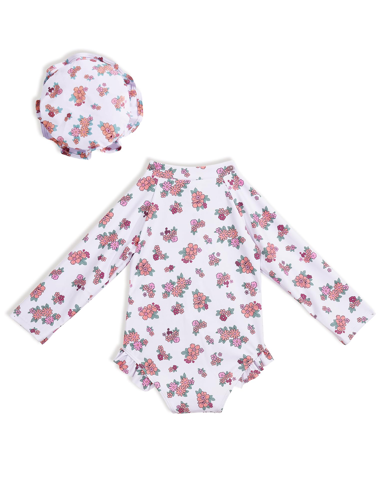 Happy Cherry Maillot de Bain Une Pièce Bébé Fille 0-3 Ans Rashguard Anti-UV à Manches Longues avec Chapeau à Volant Imprimé Floral