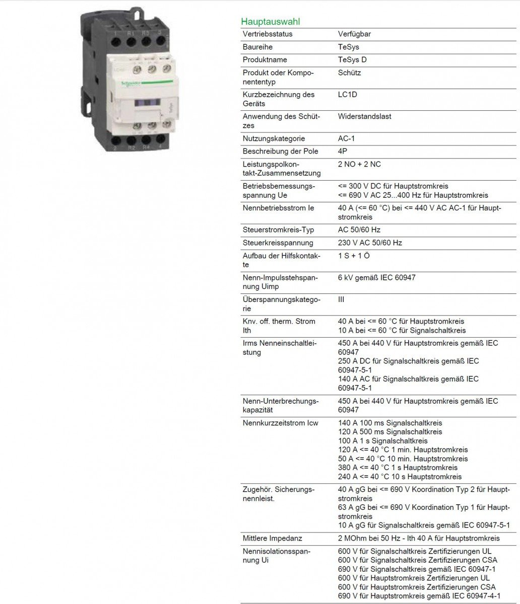 Schneider Electric TeSys Control Leistungsschütz LC1D, 4-polig, +1S+1Ö, Spule 230V AC, Artikelnummer LC1D258P7