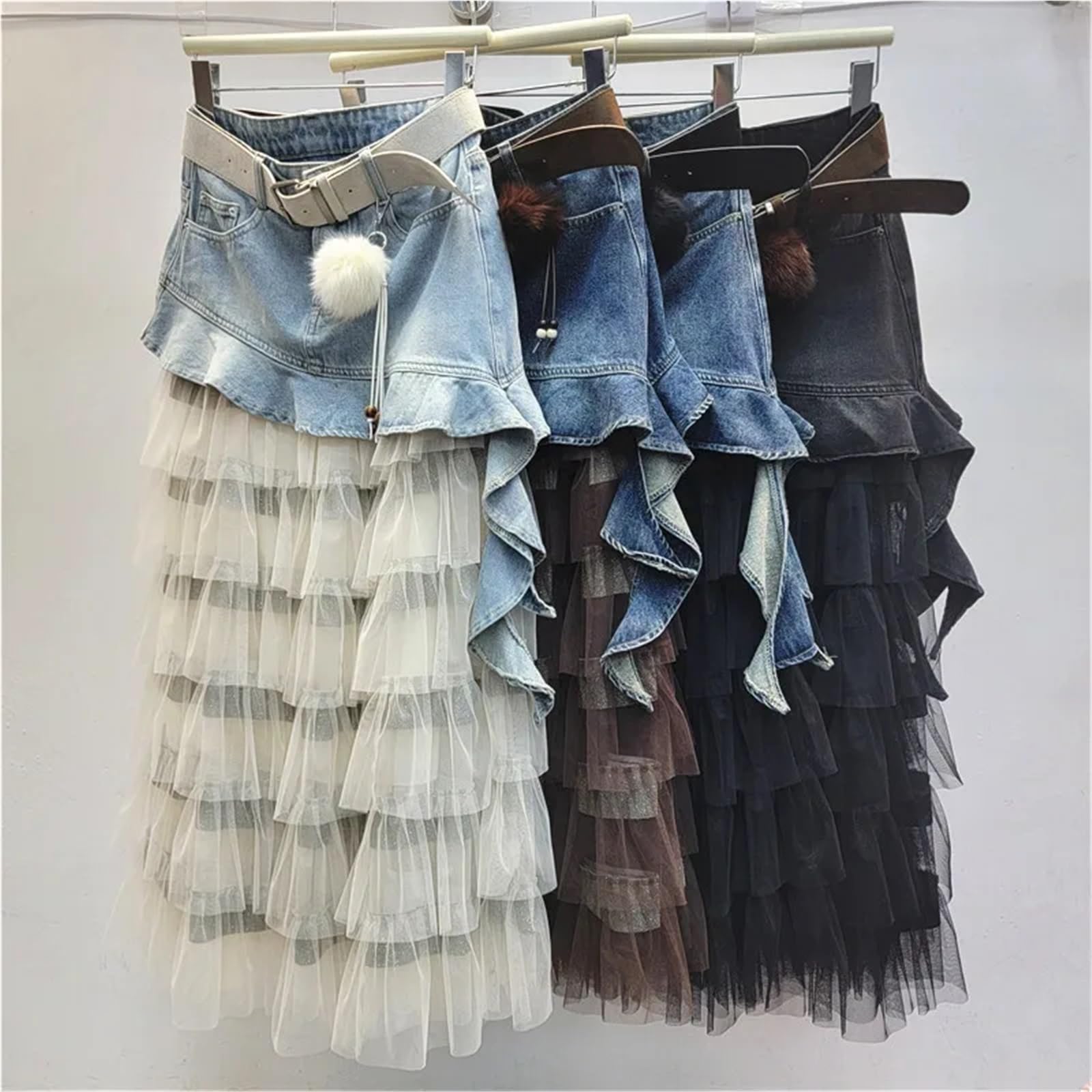 Denim-Rüschen, unregelmäßiges Patchwork-Mesh, mittellange A-Linien-Kuchenröcke mit hoher Taille for Damen