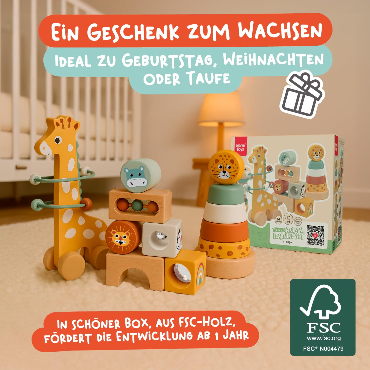 Nene Toys Spielzeug ab 1 Jahr – Montessori Baby Holzspielzeug 4-in-1 Set mit Klangbausteinen, Regenmacher, Stapelturm & Giraffe-Labyrinth – Holzbausteine Motorikspielzeug – Geschenk Junge Mädchen