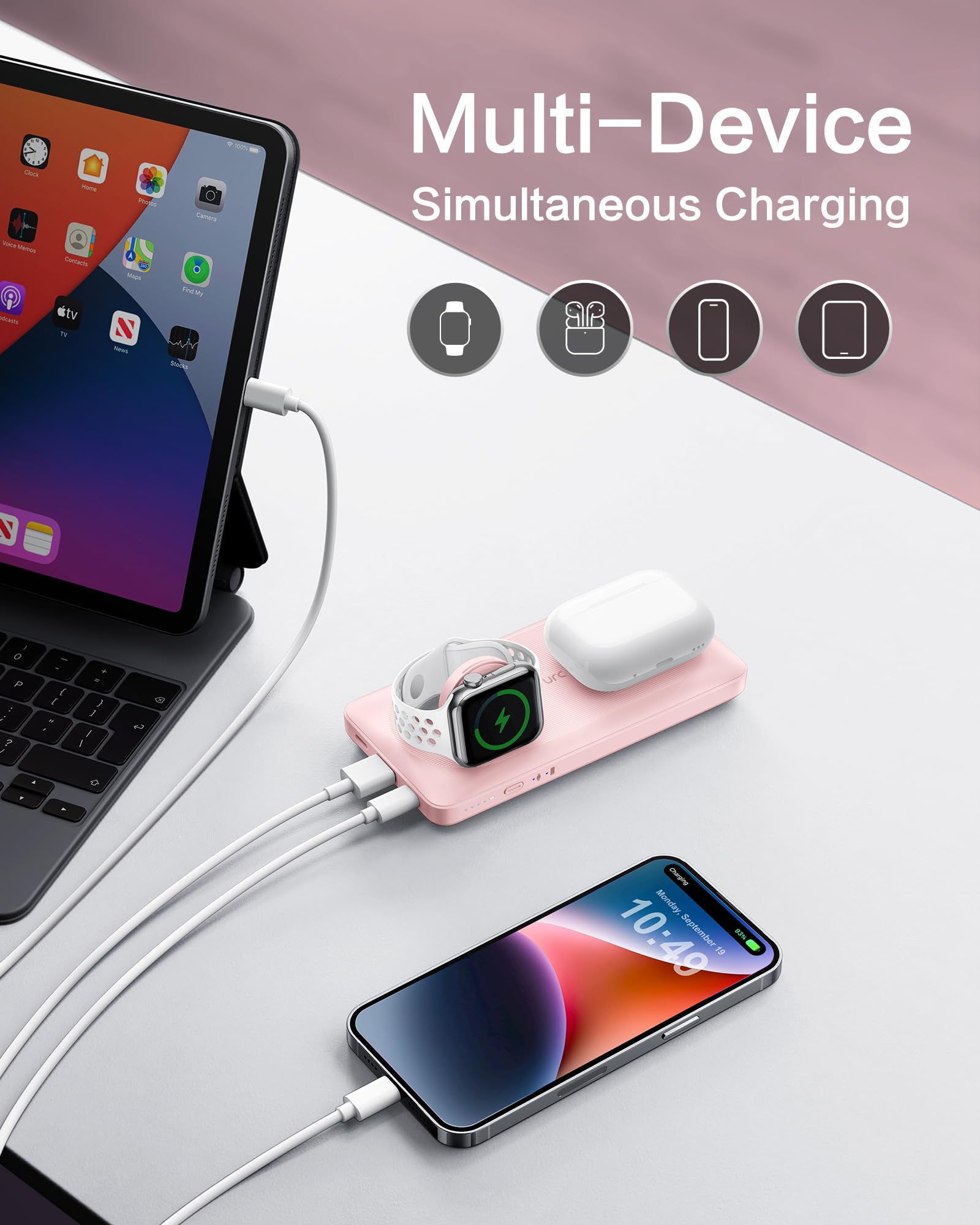 VRURC Power bank Magnetico, PowerBank 10000mAh, Caricabatterie Wireless 3 in 1, Ricarica Rapida da 22,5 W Compatibile con iPhone Serie, Apple Watch Ecc - Rosa