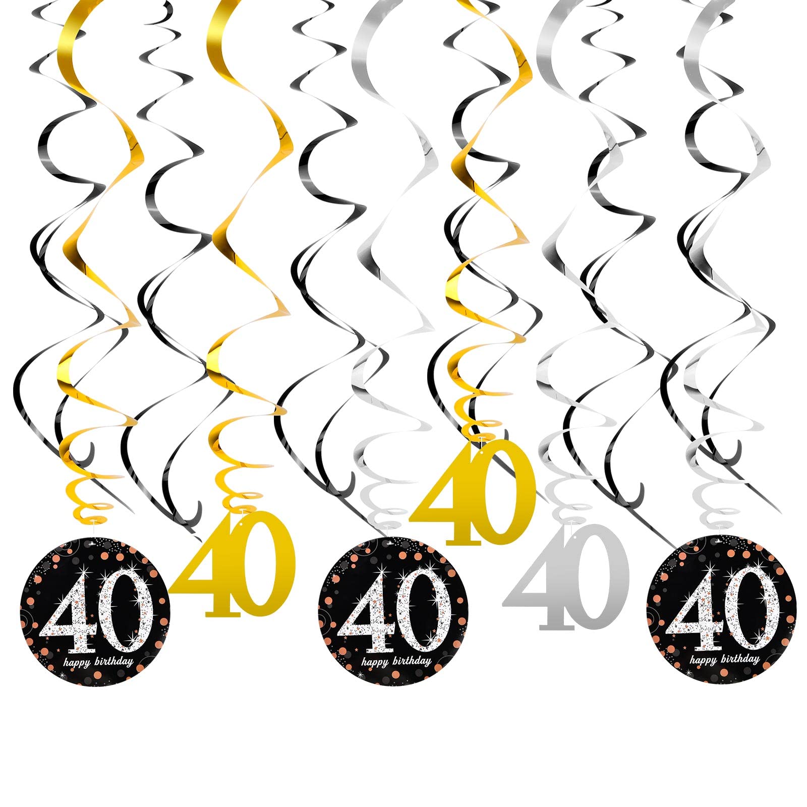 Remolinos de Decoraciones de Fiesta 40 Cumpleaños, Remolinos Colgantes de Papel Aluminio de Techo Espirale, Plata Dorado Negro Mujer Hombre Suministros de 40 Años Cumpleaños, 18 Piezas (40)