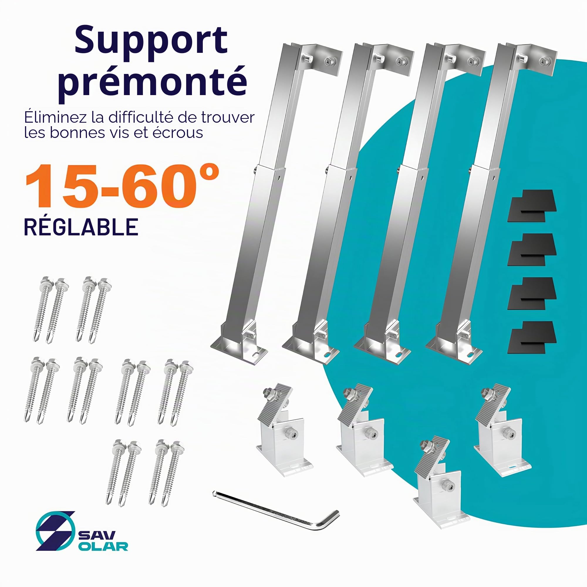 Lot de 2 supports de panneau solaire pour centrale de balcon, toit plat (15-60 °), angle réglable, 50 à 100 cm, support de centrale de balcon, toit plat, toit en tuiles et mur, support de