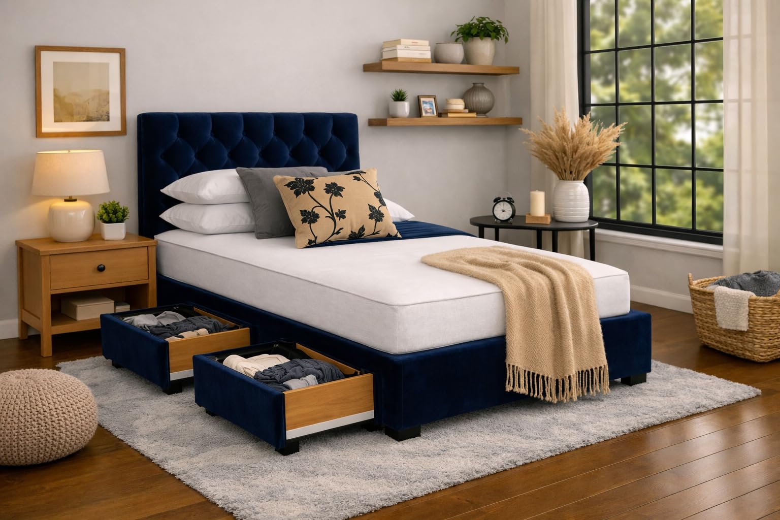 Divan Bed with Mattress | Single 3FT | Choice of Colours | 2 Storage Drawers | Toronto Headboard | Bed Frame with Mattress Included (Blue Plush Velvet)