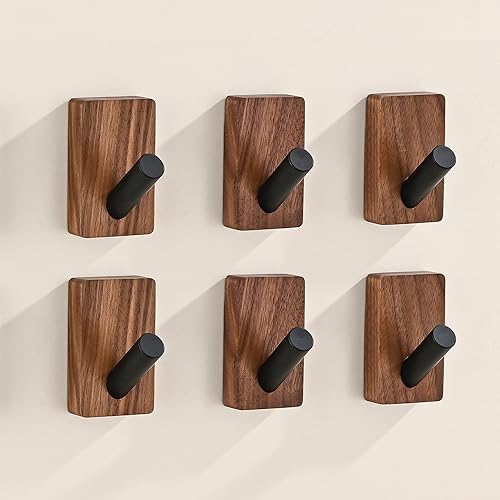 LECHYN Paquete de 6 ganchos de pared de madera para colgar, montaje en adhesivo y montado en la pared, ganchos decorativos bohemios de madera de