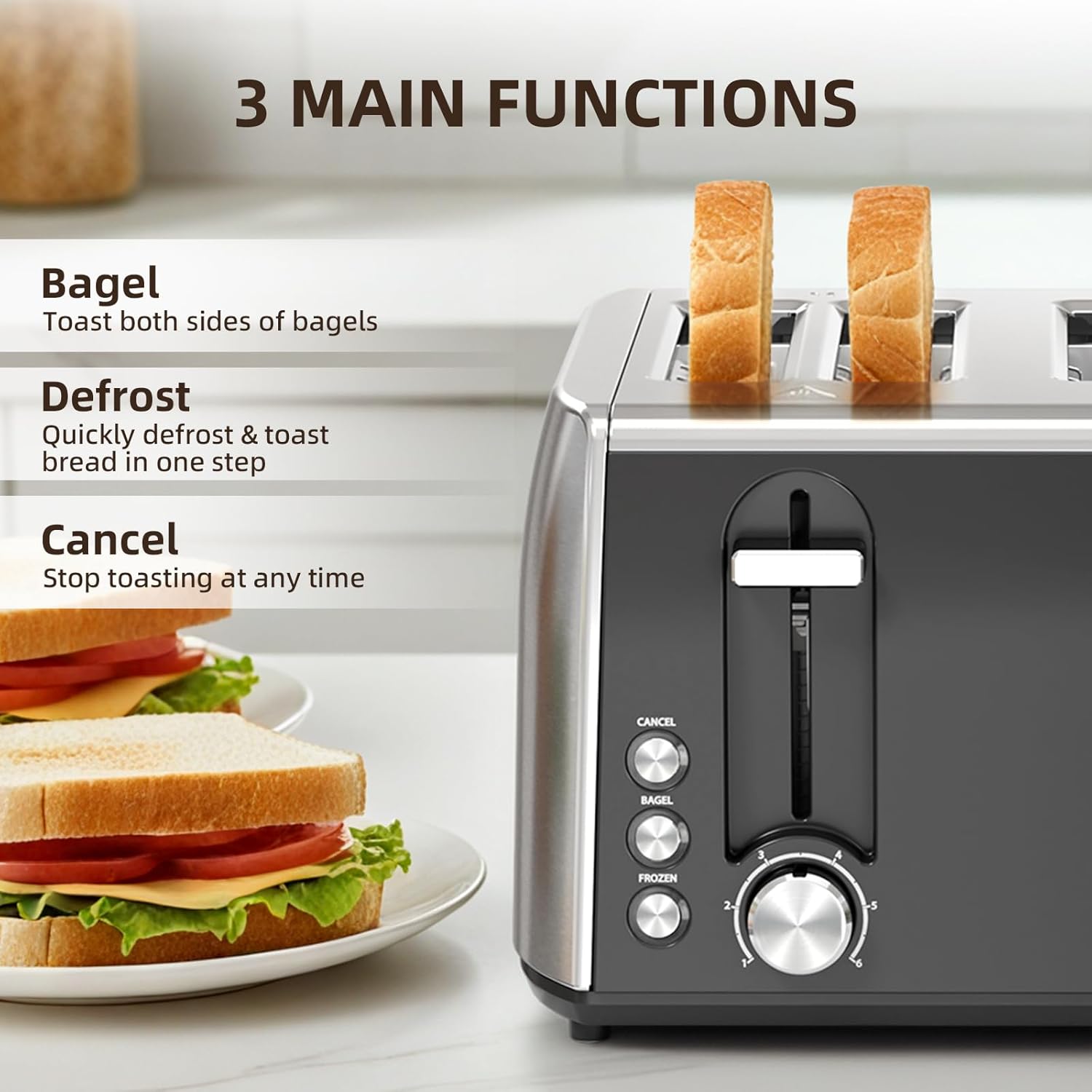 4 Slice Toaster, 6 Browning Settings, Removable Crumb Tray, Stainless Steel Bread Toaster for Bagels, Muffins, Waffles, Defrost, Cancel Button, 120V 1800W