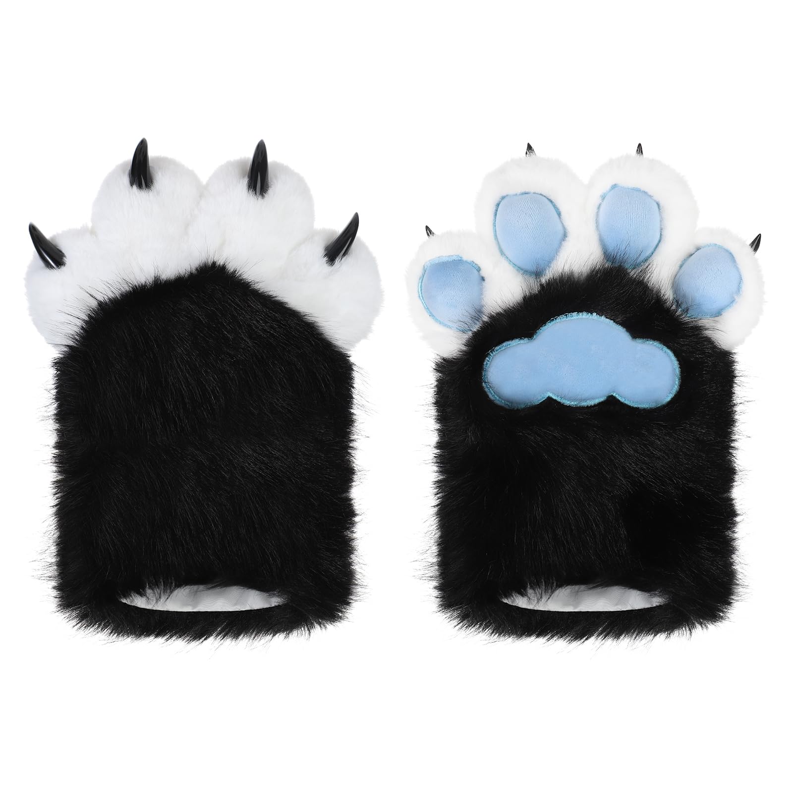 HKSICHENGKEJIUK Cute Cat Paw Gloves Squeaky Furry Cat Claw Mittens Fluffy Faux Fur Animal Paw Hand Gloves for Cosplay Costume Lolita Party Fancy Dress Party Warm Handwear for Women (Black+Blue)