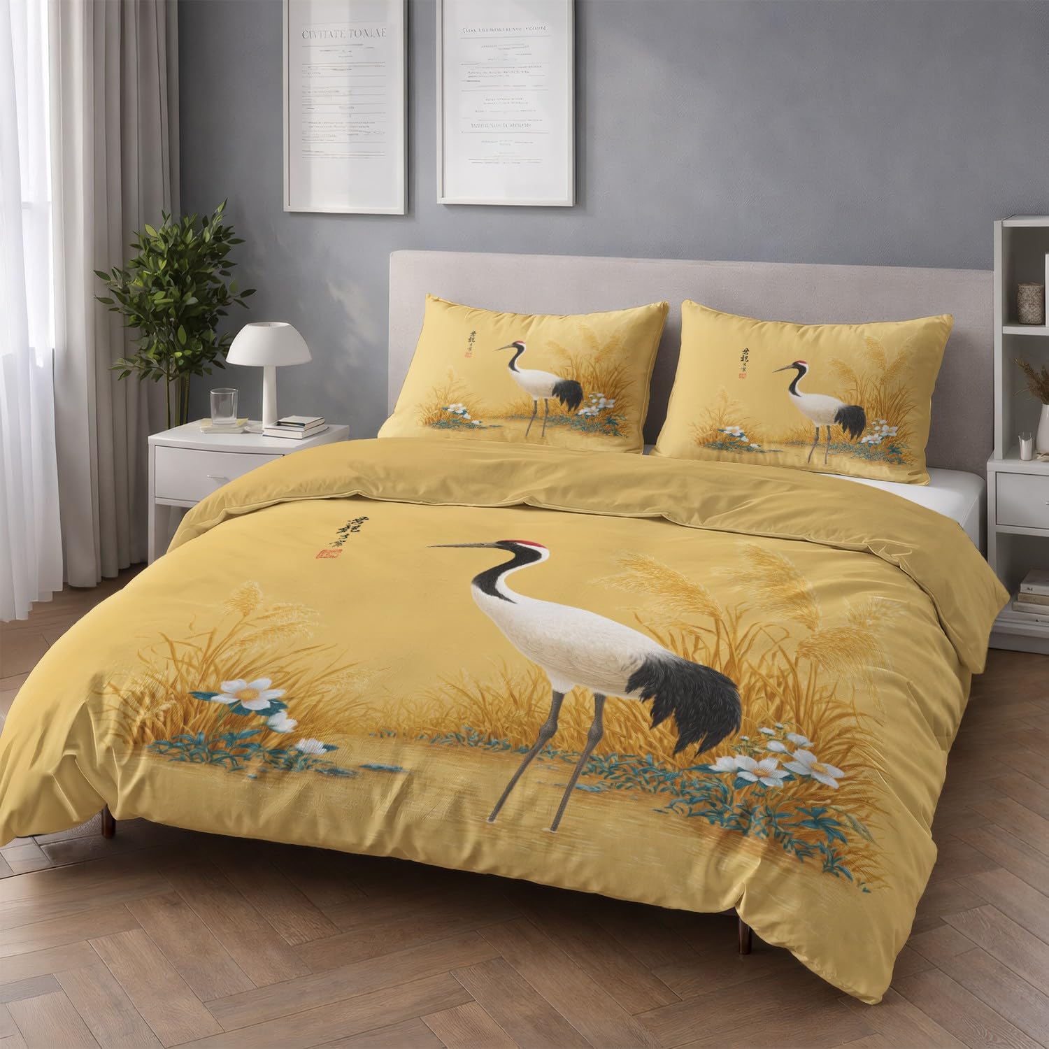 Ogólny zestaw pościeli z mikrofibry z zamkiem błyskawicznym, malarstwo tuszowe, ptak, żółta, wys. 180 x szer. 200 cm z 2 poszewkami na poduszkę 80 x 80 cm, poszewka na poduszkę, miękka, oddychająca