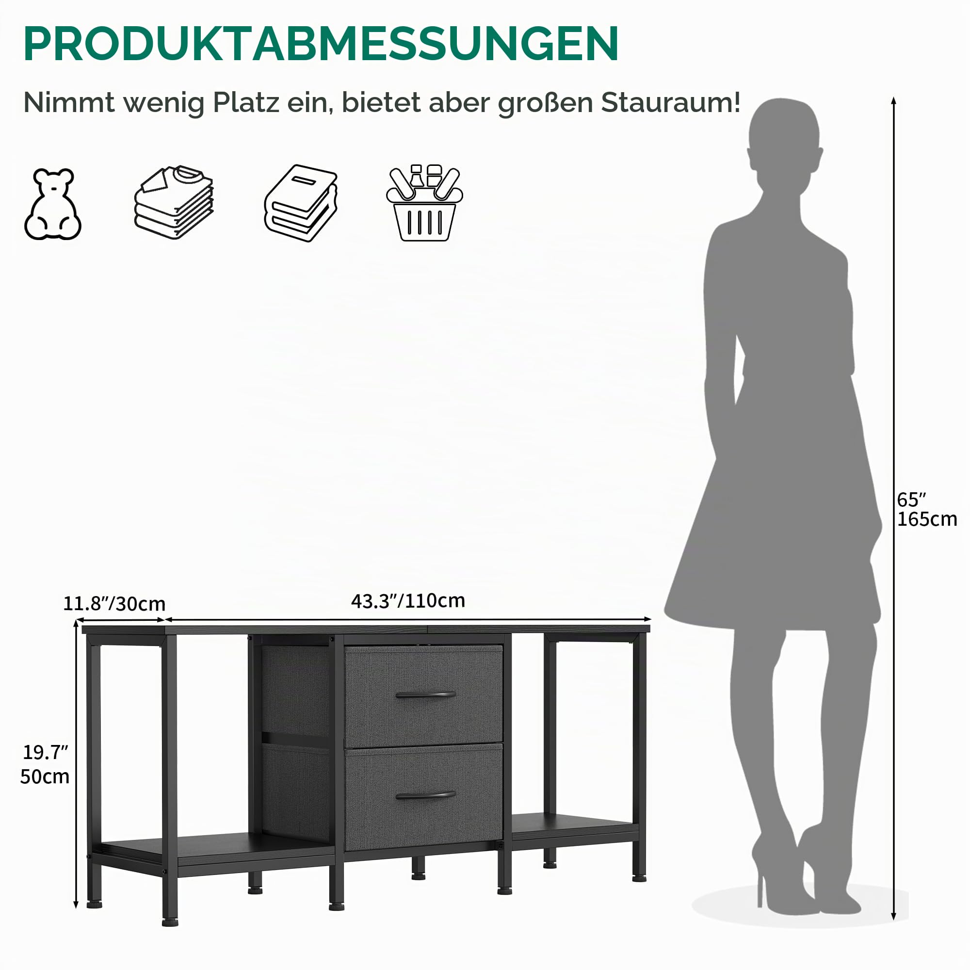 YITAHOME TV Schrank für bis zu 47 Zoll Fernseher, Fernsehtisch Mediaschrank mit 2 Stoffschubladen & 2 Ablagefächern, 110 x 30 x 50 cm Stahlgestell TV Lowboard für Wohnzimmer & Schlafzimmer