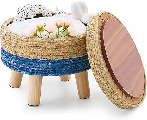 Miniatura 10 de Cpintltr Pufs otomanos de almacenamiento, reposapiés tejido a mano, reposapiés redondo natural con 4 patas de madera, asiento acolchado suave para