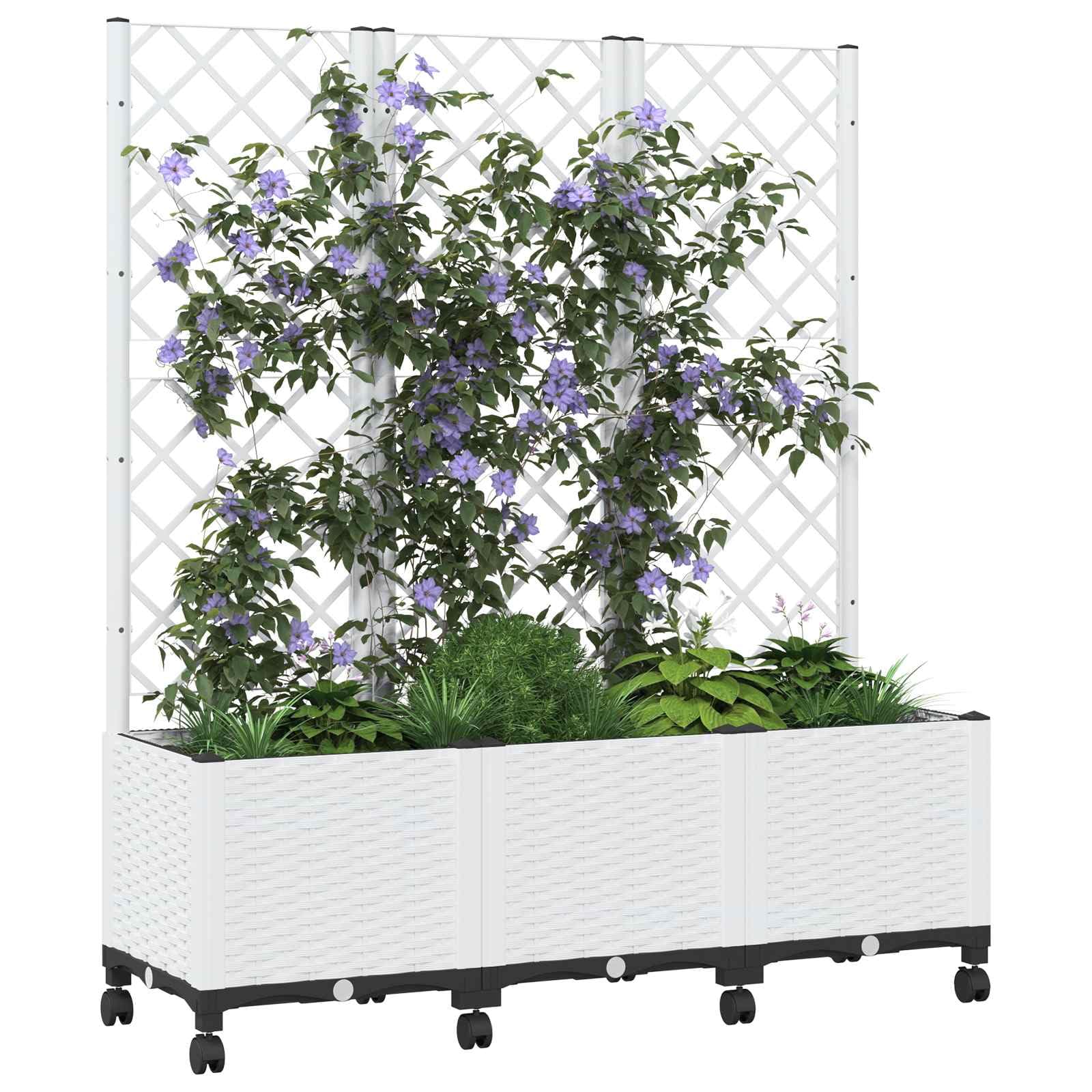 Biały pojemnik na rośliny ze kratką i kółkami 120 x 40 x 146 cm PP Outdoor Garden Flower Pot z drenażem do balcony patio, podwórka i użytku wewnątrz