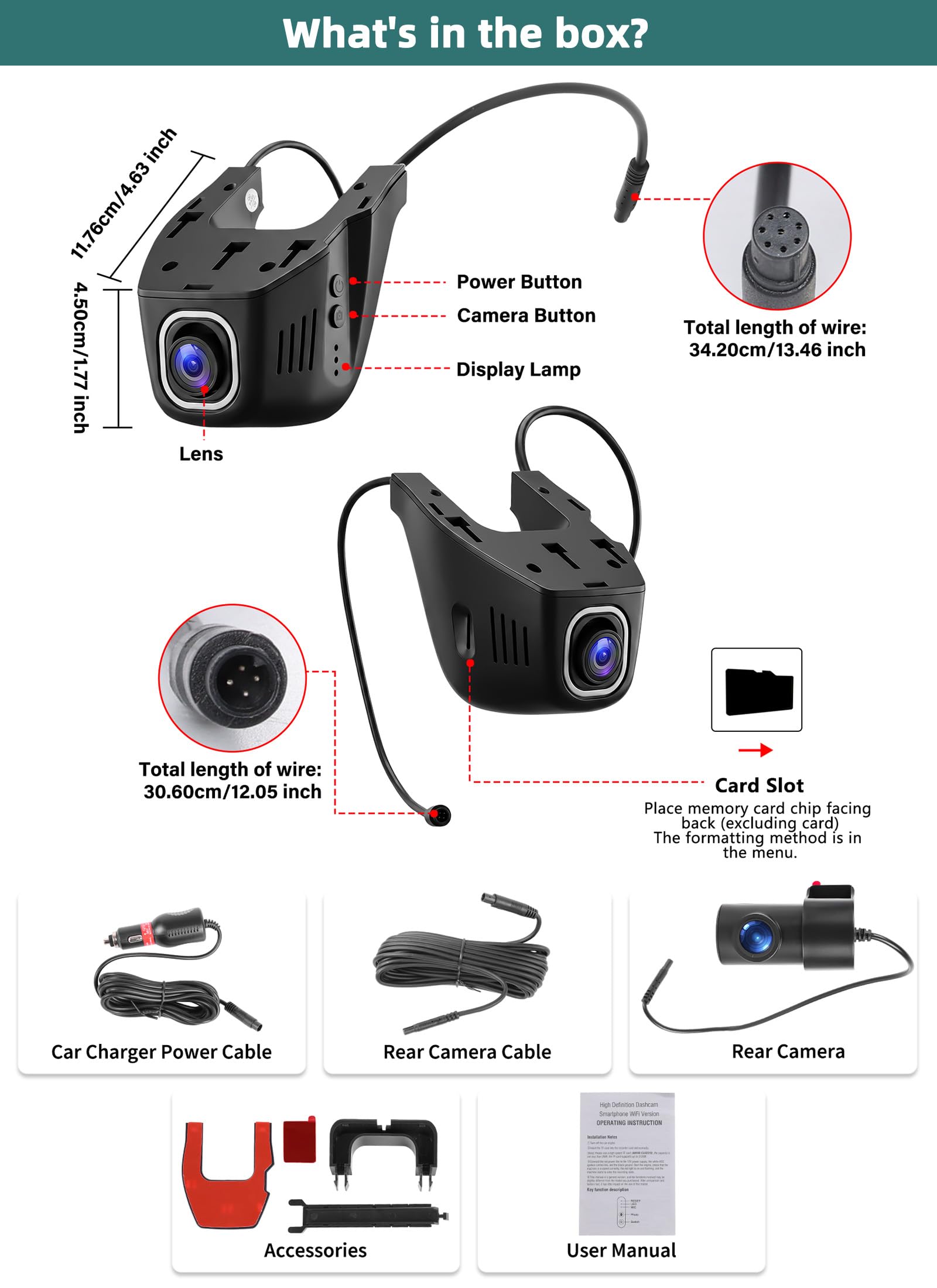 CAMECHO Dashcam 4K con telecamera posteriore per auto, 1080P, 30 fps, Wi-Fi, video con sensore G, registrazione in loop, accessori OEM