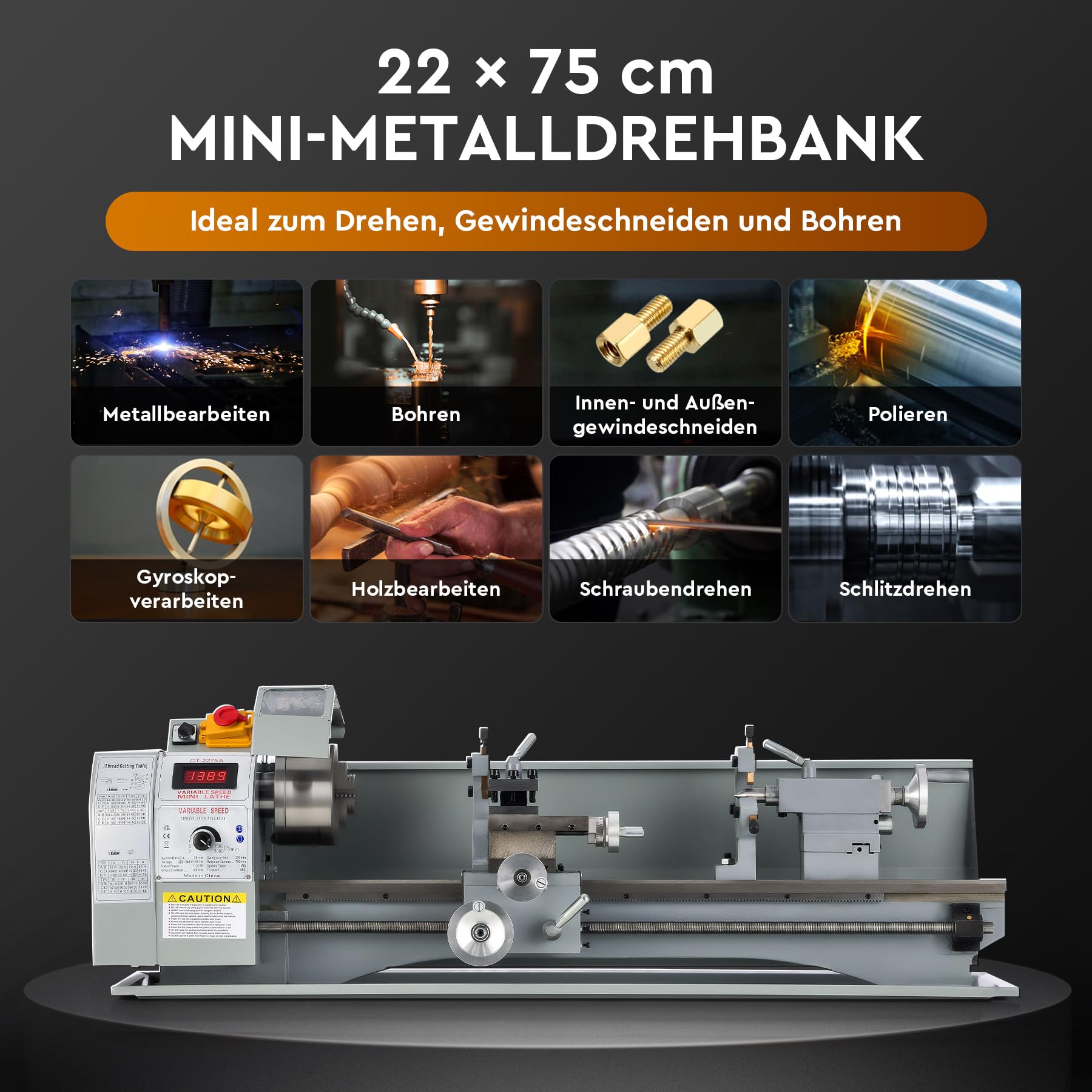 CREWORKS Metalldrehmaschine 1100 W Metalldrehmaschine 220 x 750 MM Drehmaschine Tischdrehmaschine 0-3000 U/min mit 3-Backenfutter für Heimwerker-Holz- und Metallbearbeitung