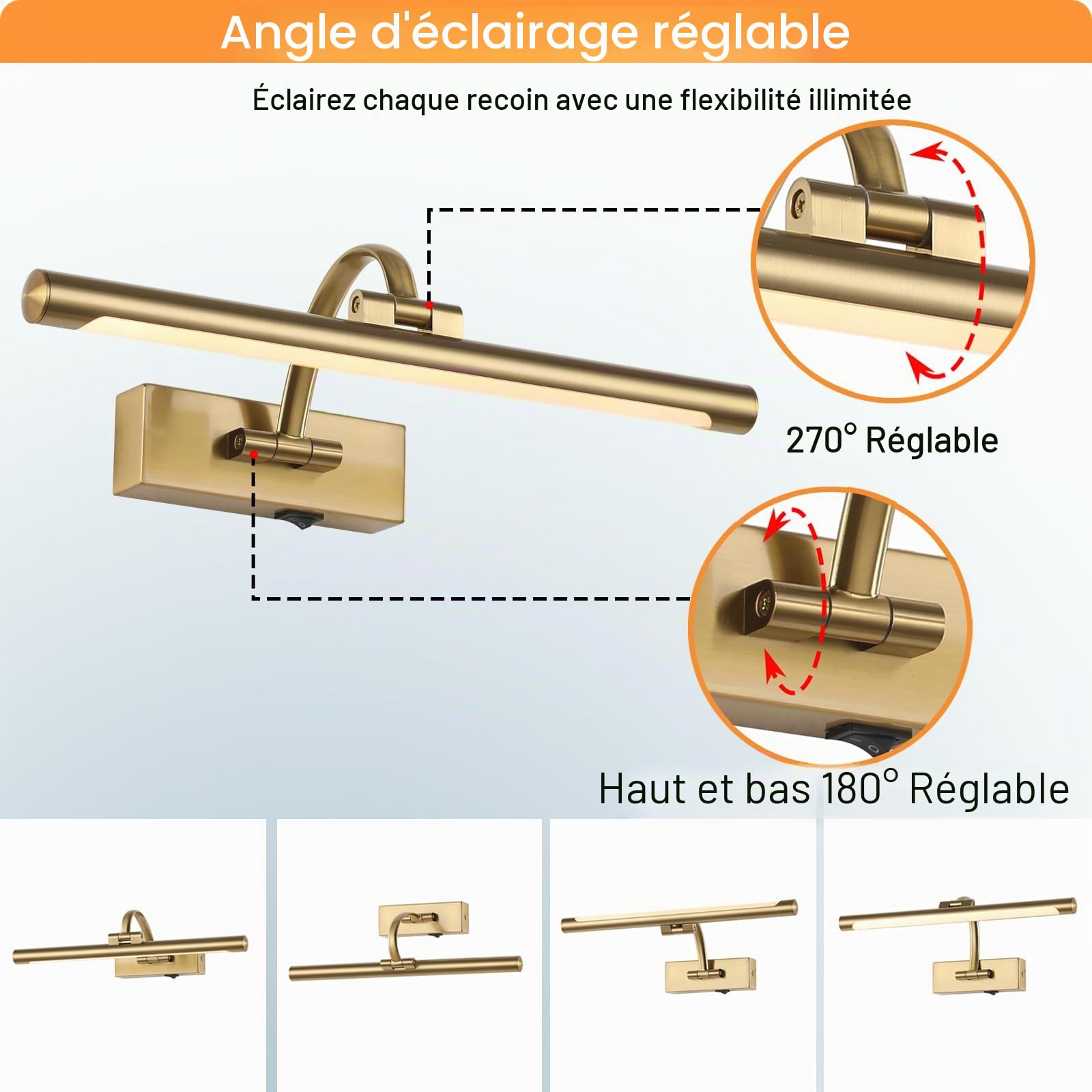 Tassuowell Applique murale sans fil rechargeable à piles pour peintures, intensité variable 3CCT, finition laiton de 40 cm avec télécommande, lumière rotative pour affichage de photos
