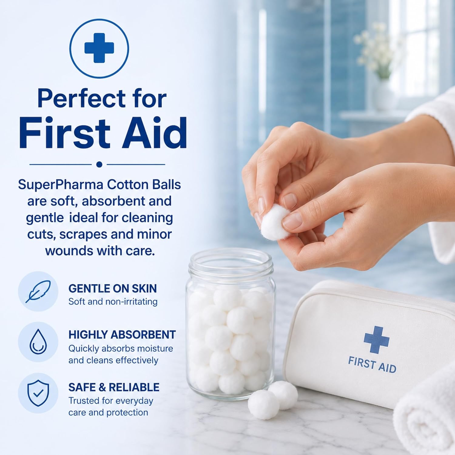 Cotton Balls, 400 Count (4 Pack), Bulk Value Pack, Premium Cotton, Soft & Highly Absorbent for Makeup Removal, Facial Cleansing & First Aid, Manufactured in Miami, Florida, USA, SuperPharma