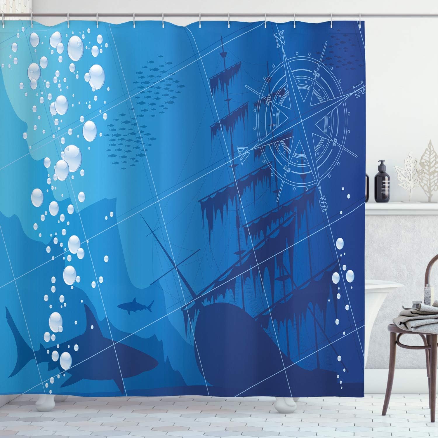 Ambesonne Nautical Shower Curtain, Underwater Sharks Old Ship Compass Windrose Deep Water Bubbles Illustration, Cloth Fabric Bathroom Decor Set with Hooks, 69" W x 84" L, Sea Blue Soft Blue
