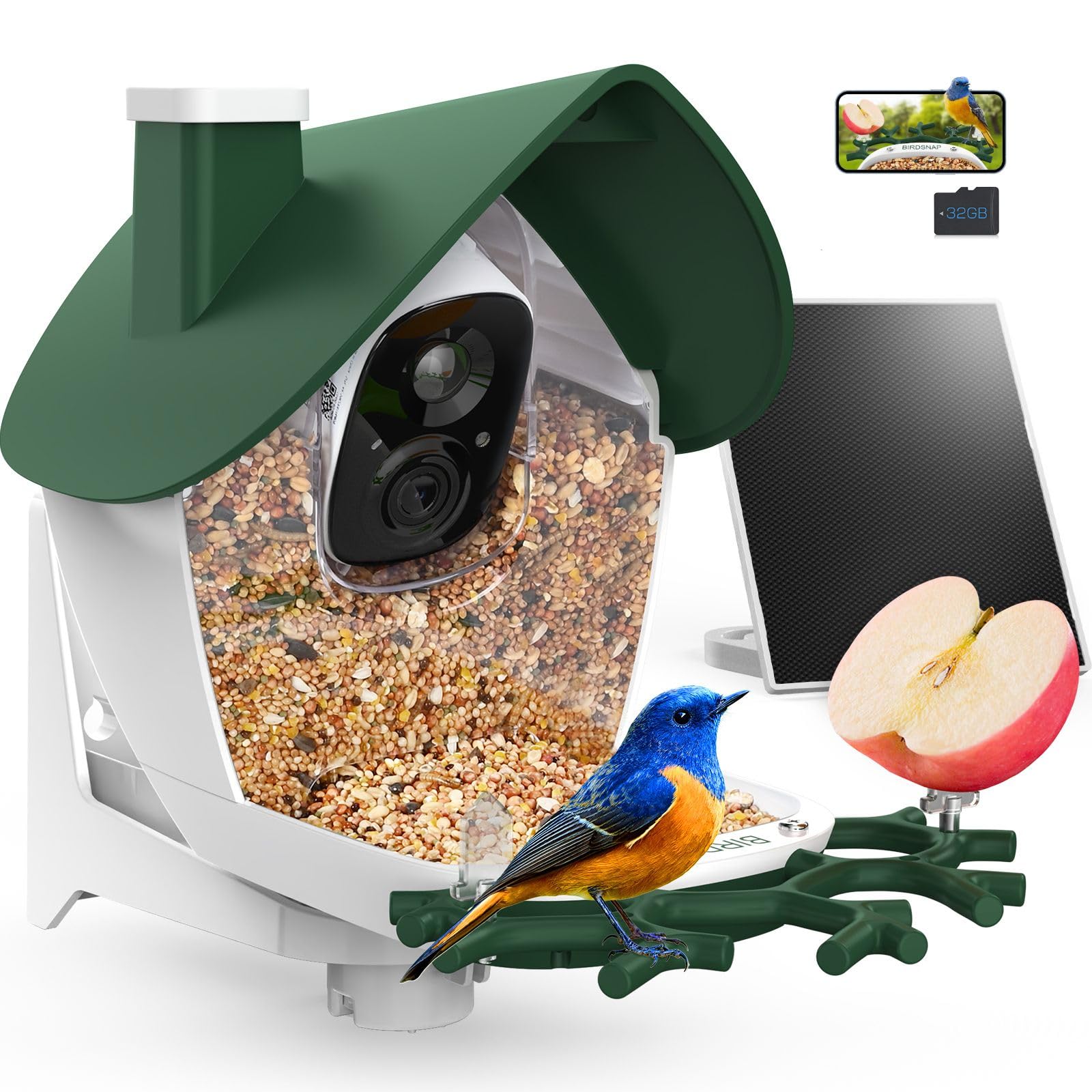 birdsnap® P33 - Comedero para pájaros con cámara alimentada por energía solar, cámara de video desmontable 2K con tarjeta de 32 GB, identificación de especies de plumas, grabación automática en el