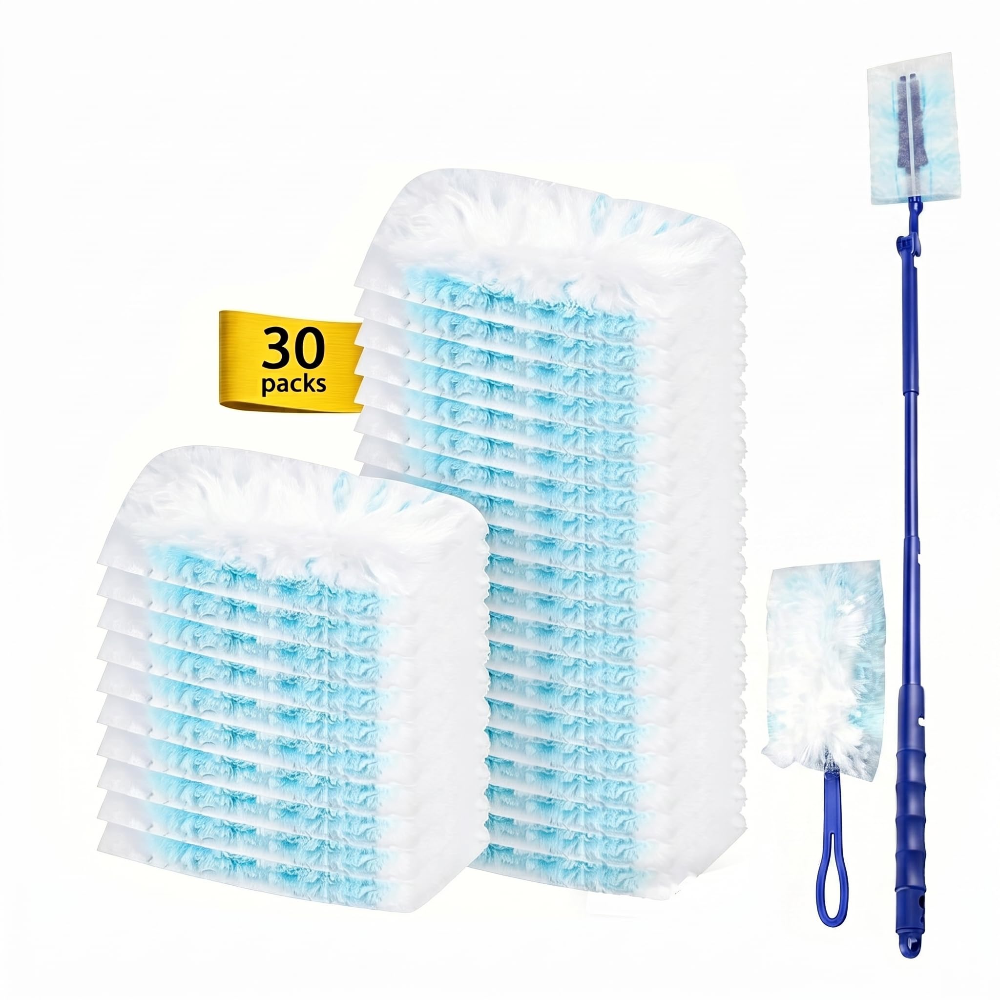 Plumero Atrapapolvo con 30 Recambios Desechables, Plumero Telescópico Extensible (90cm) y Mango Corto, Plumero Plano Antiestático para Polvo Casa, Debajo de Electrodomésticos y Espacios Reducidos