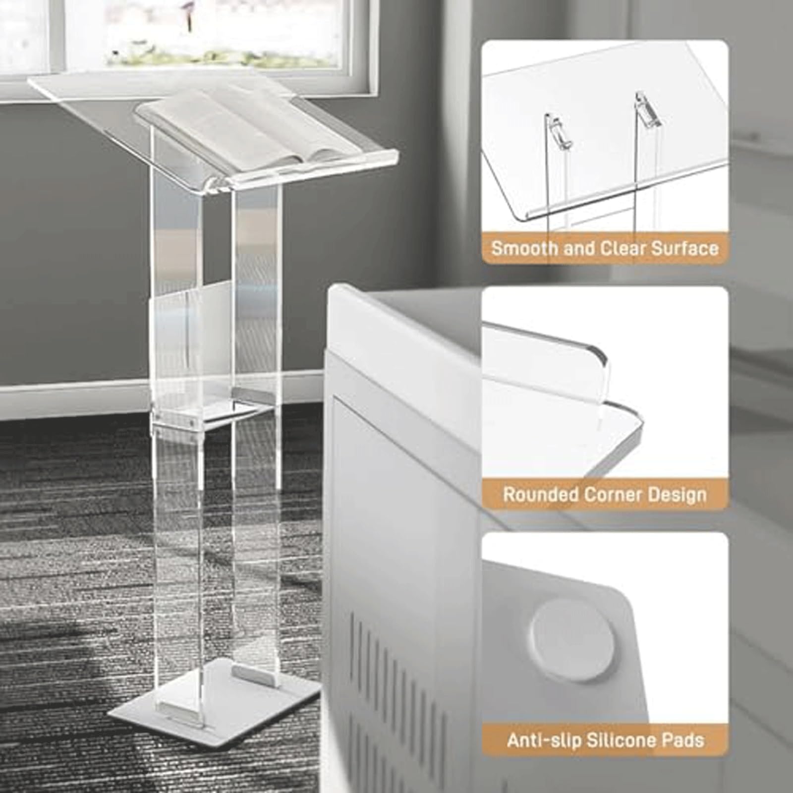 Podium en acrylique transparent, pupitre d'église avec Base en métal | Bureau de réception sur pied for hôtesse, for concert, mariage, événement, salle de classe