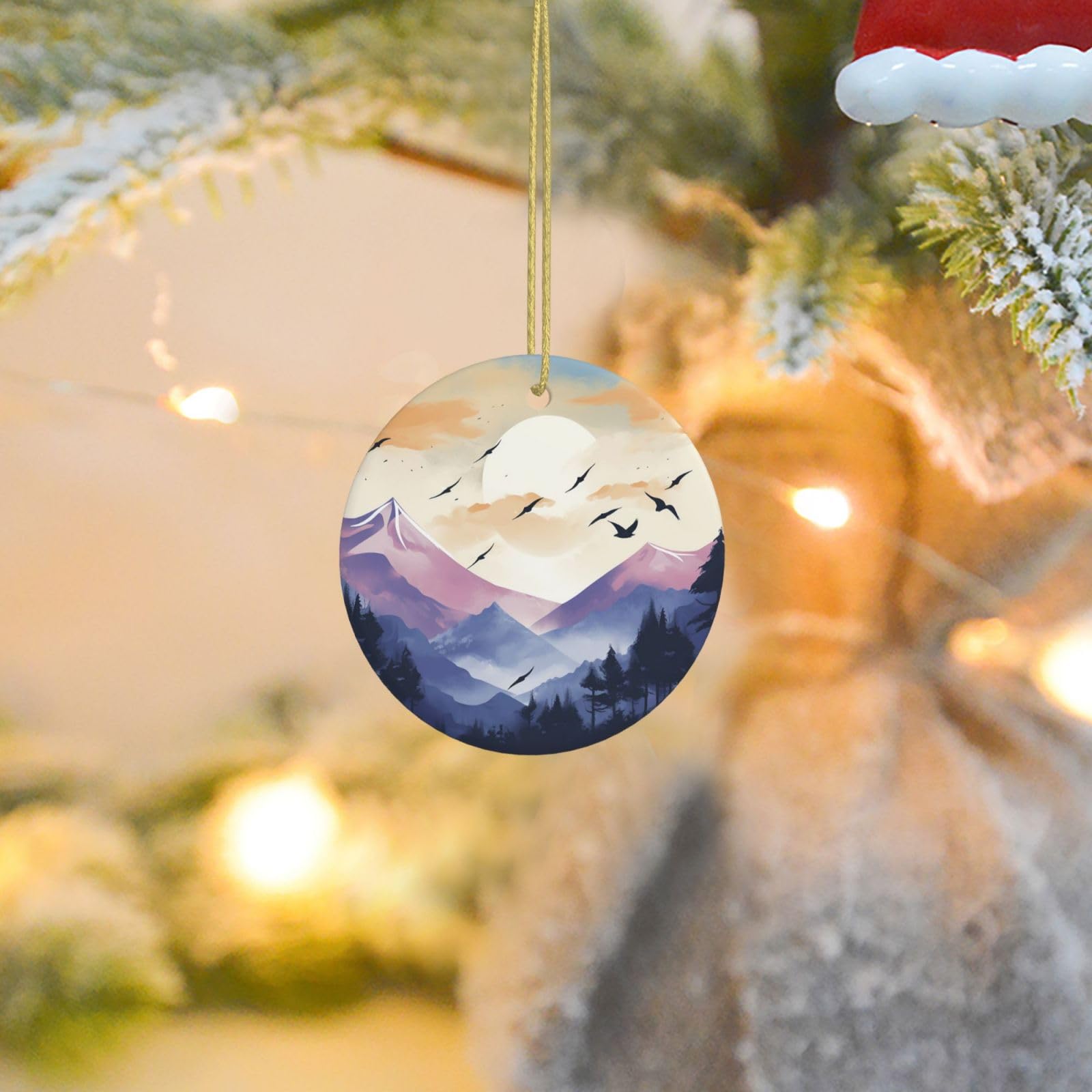 Christmas Tree Ornaments Ceramics Christmas Round Decorations Birds Flying at Sunset Ceramics Ornaments Circle Pentagram Xmas Tree Hanging Pendant for Christmas Tree Party Holiday Home Decor