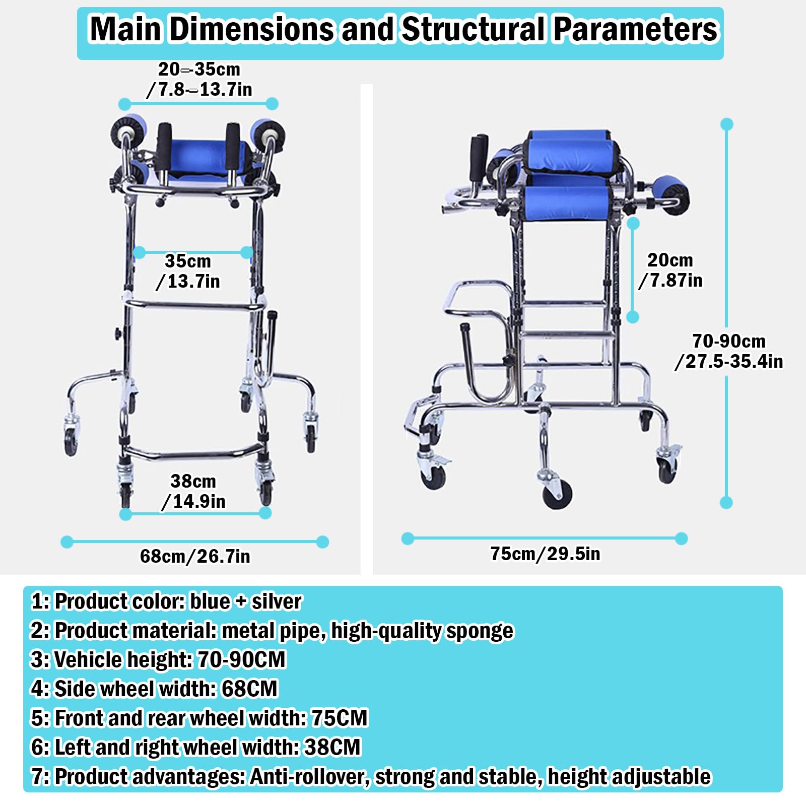 Andador para niños con parálisis cerebral portátil, 6 ruedas, ancho ajustable, velocidad ajustable, neumáticos sólidos con frenos, andador resistente para rehabilitación.