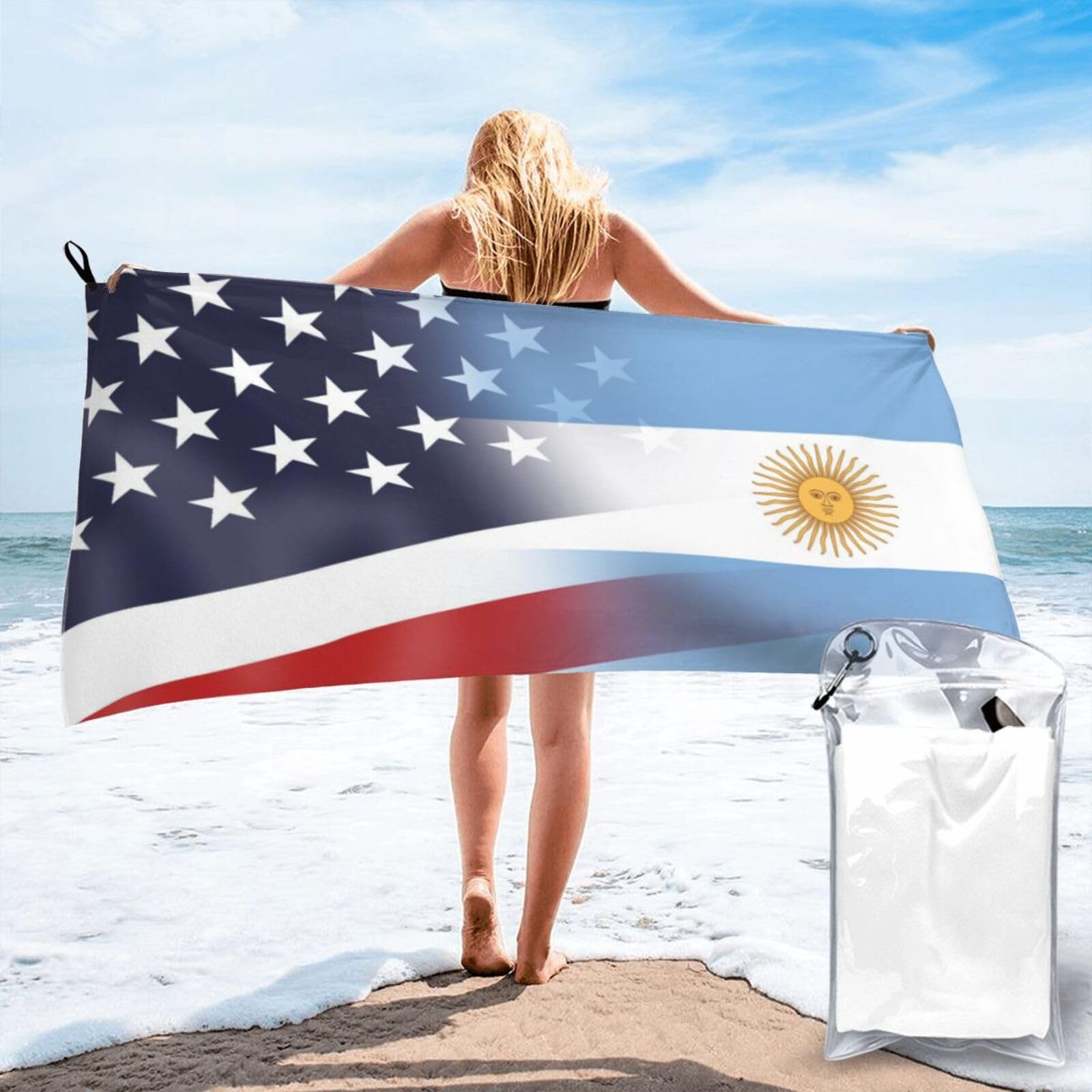 HACXZ Funny America Flag and Argentina Flag Absorbent Beach Towel Microfiber Beach Shower Towel 31.5"X63"