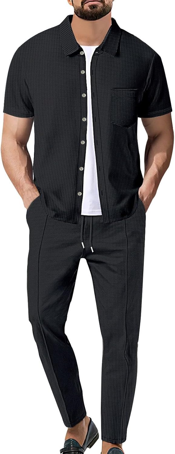 Mens 2 Piece Outfit Waffle Knit Short Sleeve Button Down Casual Shirt Pant Sets Smart Business Dress Outfits Big&Tall