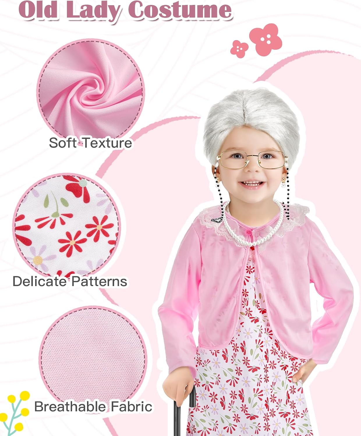 Old Lady Costume for Kids: 100 Days of School Costume for Girls 100th Day of School Granny Dress up Accessories with Wig, Glasses Wrinkle Tattoo Stickers, Cane, Jewelries, Grandma Cosplay Kit - Image 3