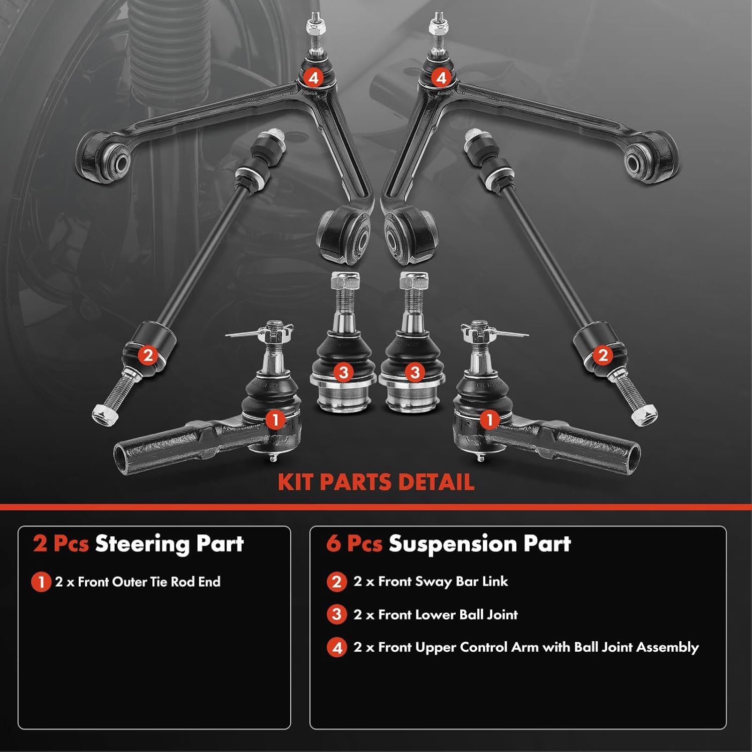 A-Premium 8Pcs Front Suspension Kit, Upper Control Arm, Sway Bar Link, Lower Ball Joint, Outer Tie Rod End, Compatible with Dodge Ram 1500 2002 2003 2004 2005, 4WD Only