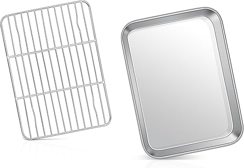 Joyfair Bandeja para hornear con estante para horno tostador, bandeja pequeña de acero inoxidable de 9 x 7 pulgadas y estante de enfriamiento, ideal