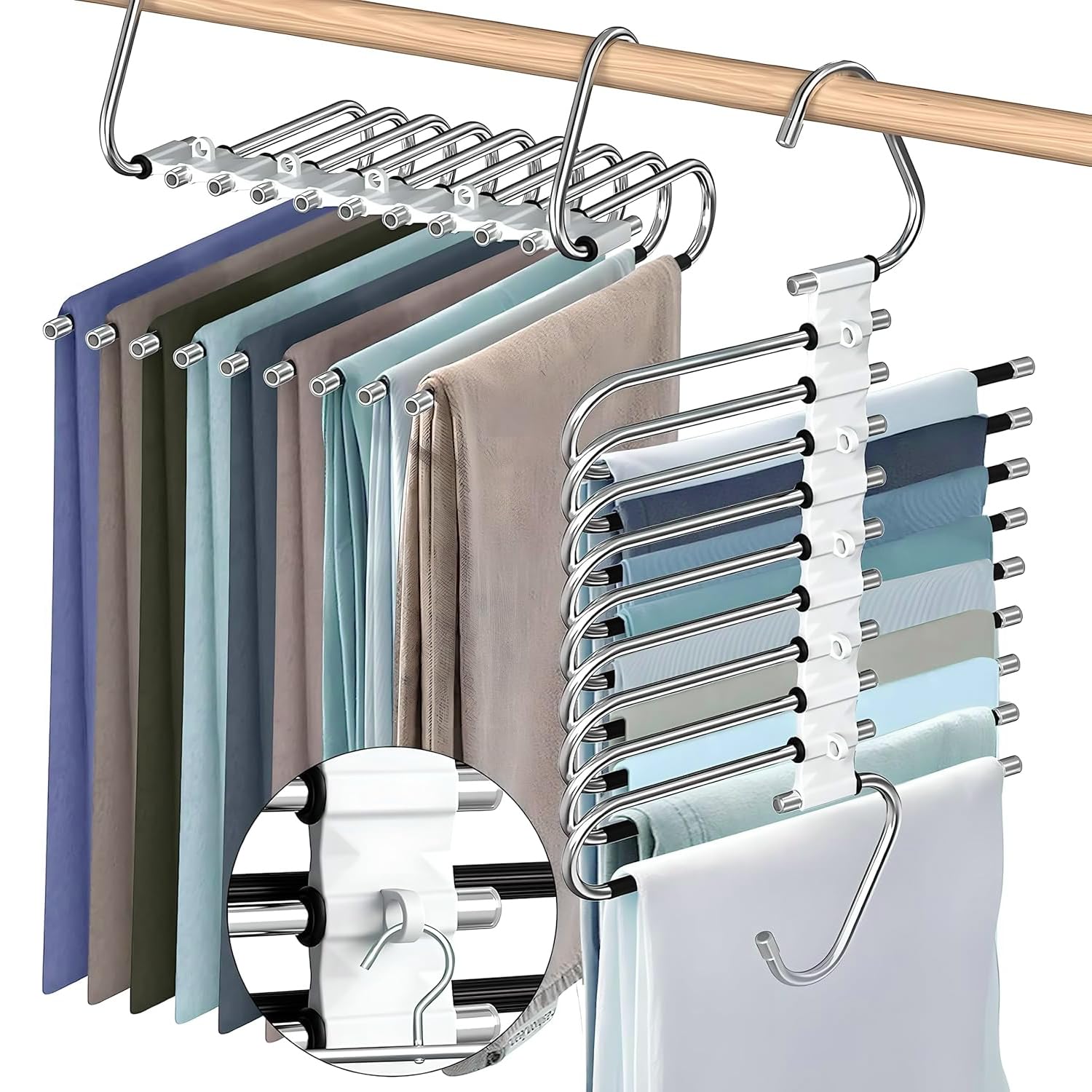 2 Pack Upgrade 9 Layers Pants Hangers Space Saving, Non Slip Stainless Steel Multifunctional Pants Rack S-Type Clothes Pant Closet Hanger Organizer with Hooks for Pants Jeans Trousers Skirts