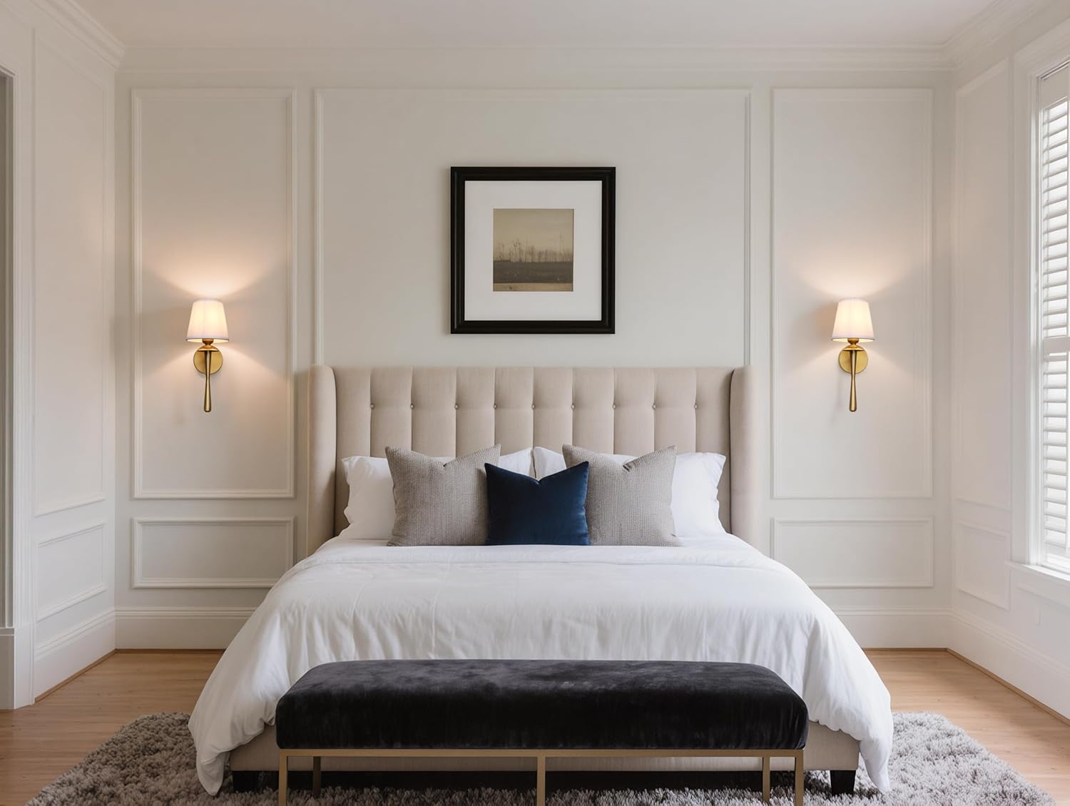 Yosoan Brass Gold Retro Boho White Fabric Wall Sconce Set of 2, Vintage Industrial Antique Indoor Hardwired Champagne Bronze Flared Fabric Shade for Bedroom Hallway Living Room