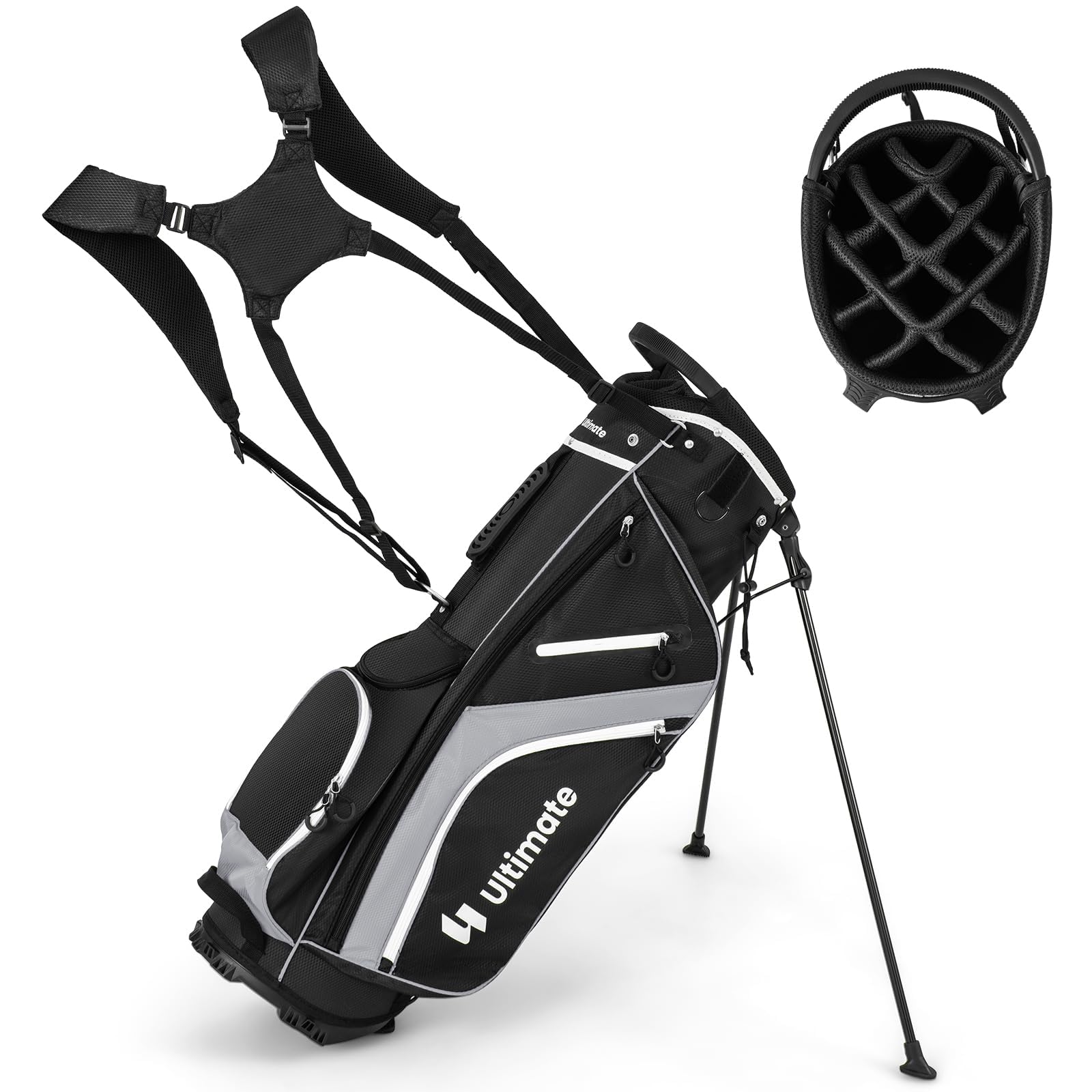 GYMAX Bolsa para Palos de Golf con Divisores de 14 Vías y 6 Bolsillos, Liviana con Soporte, Bolsa Refrigeradora, Correa Doble, Capota para Lluvia, Soporte para Paraguas y Asas de Transporte