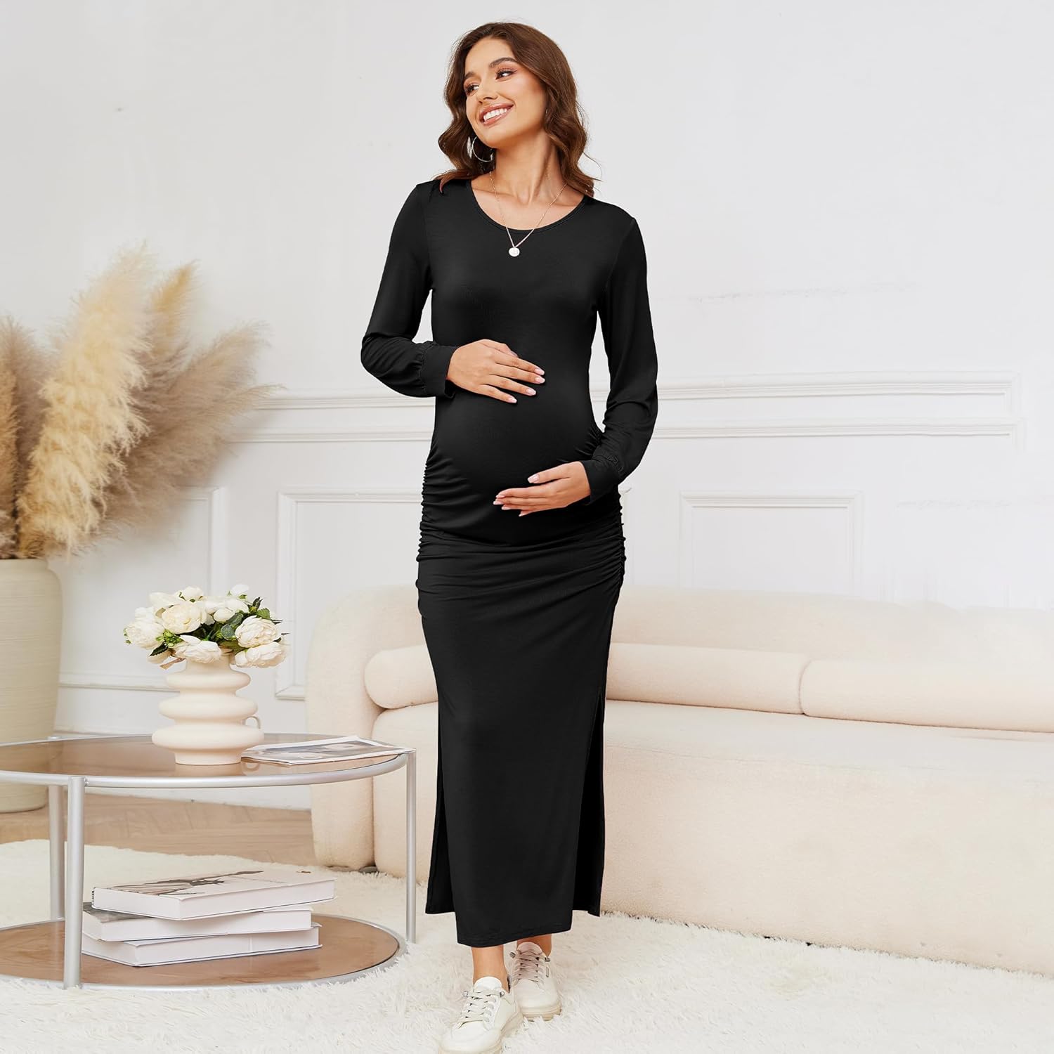 Women's Maternity Dress Long Sleeve Bodycon Split Maxi Dresses for Baby Shower 2025 Spring Pregnancy Clothes - Image 6
