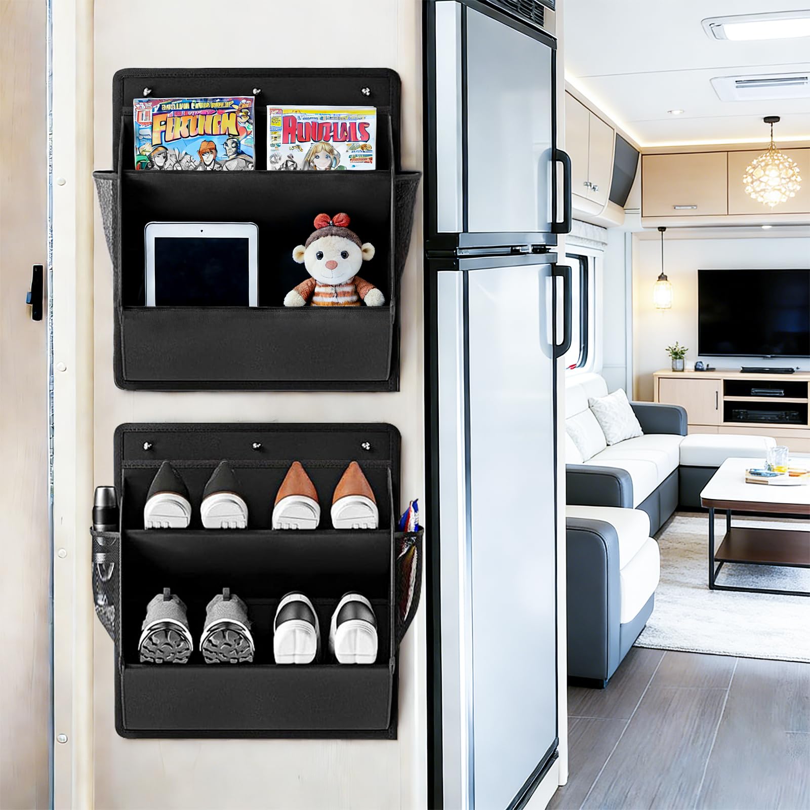 QUMENEY 2 Pcs RV Shoe Storage Organizer with Sticky Adhesive Tape Over the Door Shoe Storage Rack Foldable Hanging Large Deep Pockets Narrow Closet Camper Space Saving Organizers (Black)