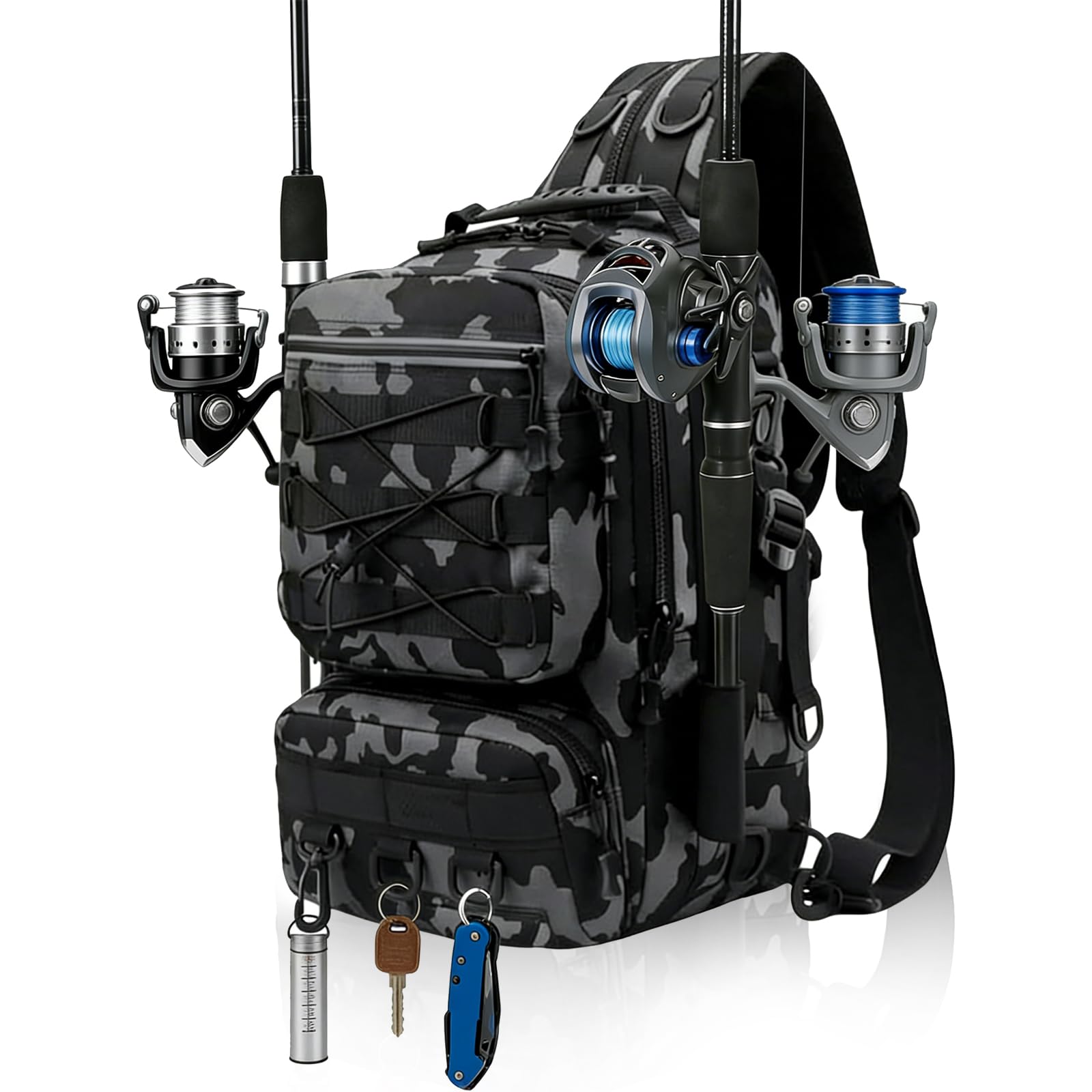 Angelrucksack mit Rutenhalter, Wasserdicht Angeltaschen 18L, Angelausrüstung Rucksack Groß mit Reflektierende Streifen für Angeln, Wandern, Radfahren, 41x18x25cm(Schwarz)