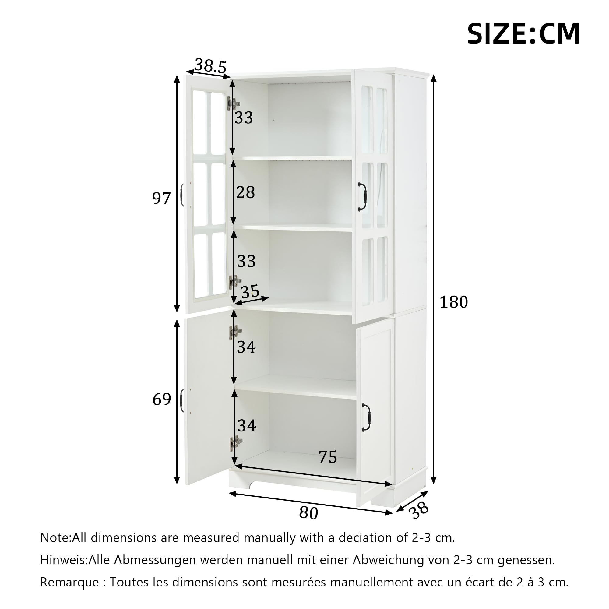 Armario alto con 2 rejas de cristal y 2 puertas completas, 80 x 38 x 180 cm, color blanco, estantería con 5 niveles, tablero de partículas, armario de vitrina estilo rústico para salón y