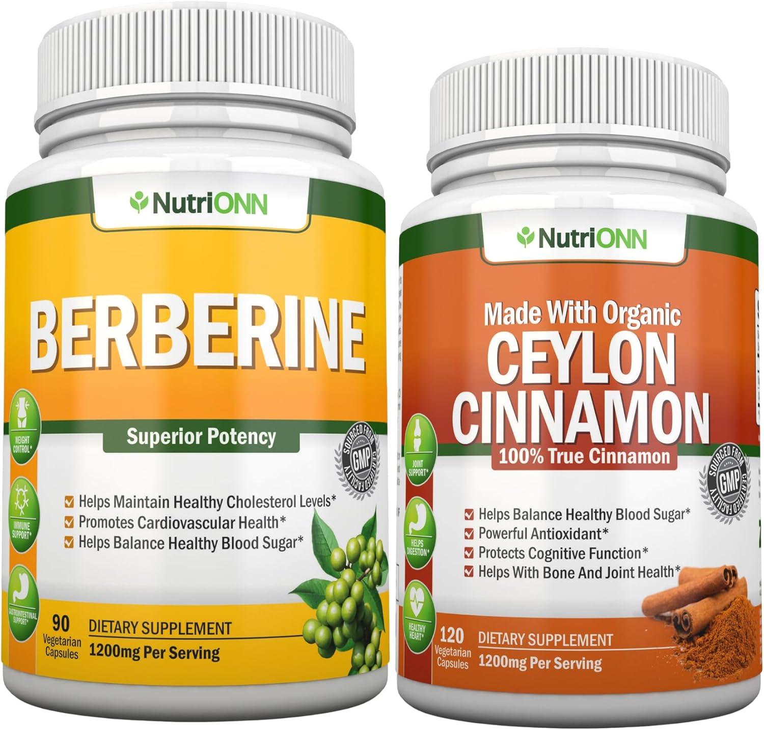 NutriONN Berberine Capsules & Organic Ceylon Cinnamon Combo - Targeted Heart Health Support