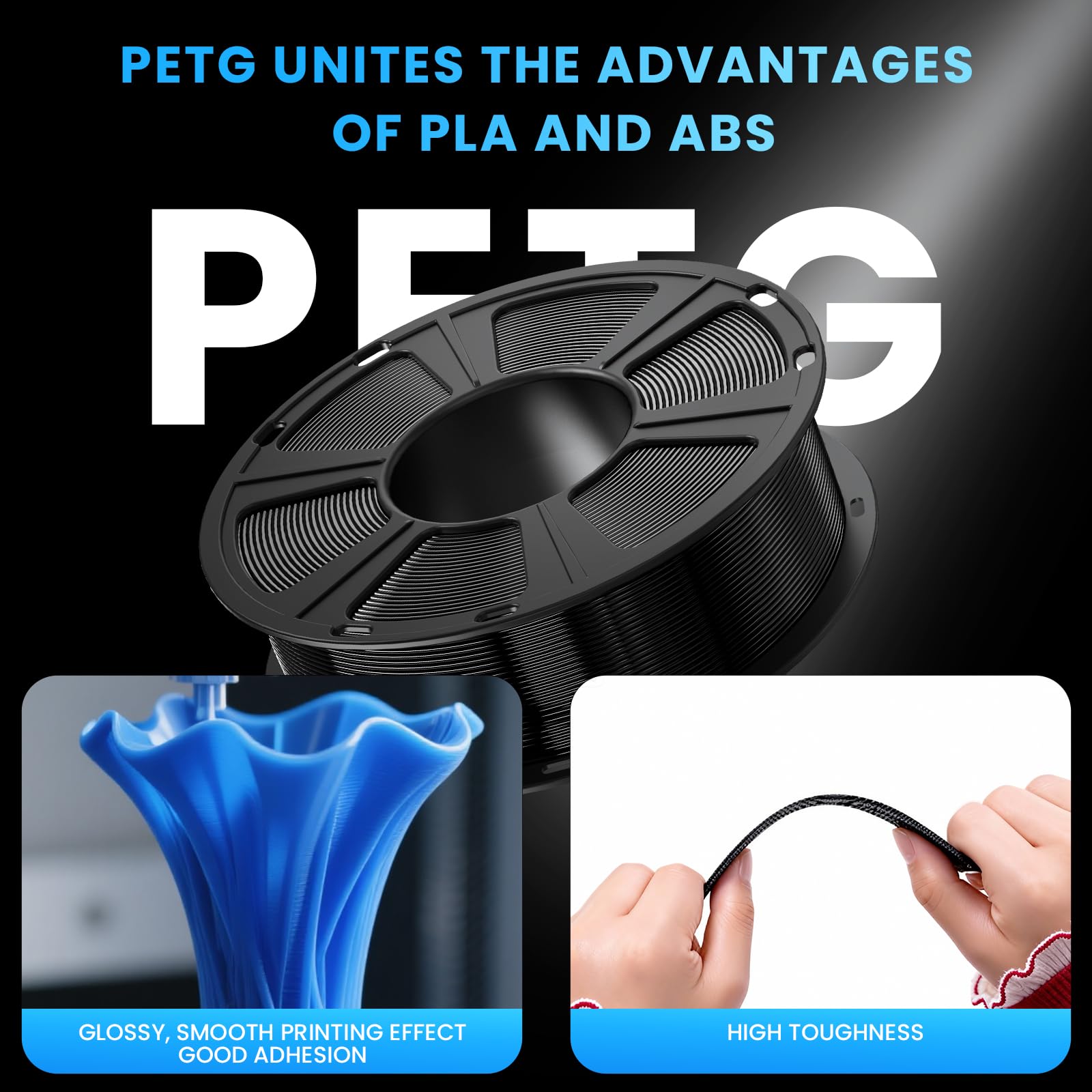 GIANTARM Filamento PETG da 1,75 mm, per stampante 3D, filamento PETG da 2 kg, precisione dimensionale +/-0,03 mm, nero