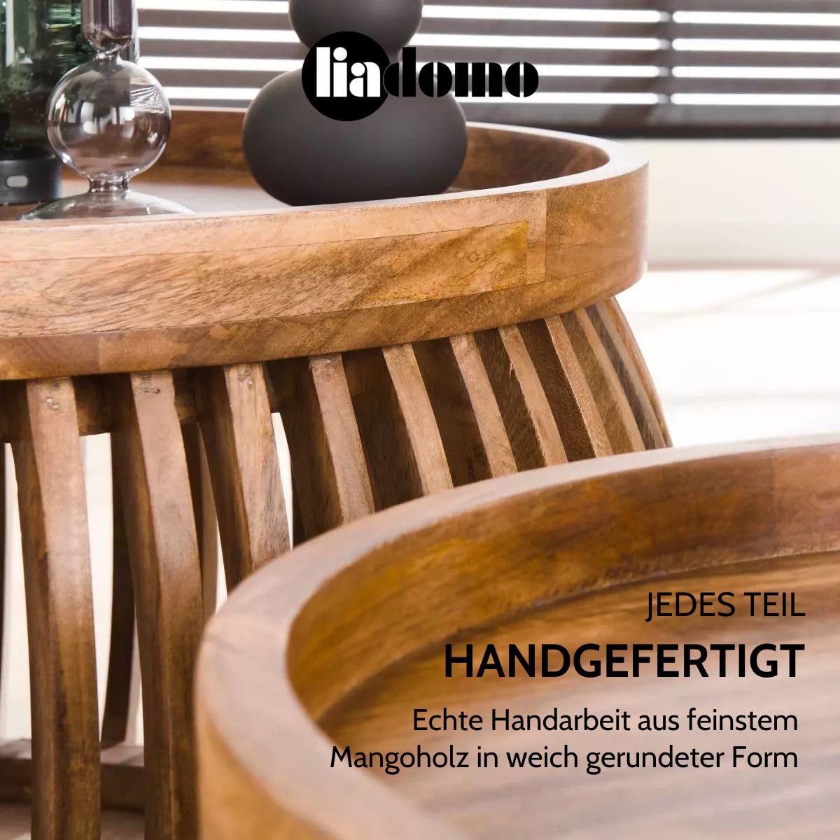 Couchtisch Laos rund 2er Set | Durchmesser 60 und 80 cm, Zweitisch Set, Mangoholz massiv, braun, runde Tischplatte, Holzstreben, erhöhter Rand