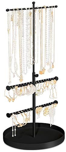 Jenseits Jewelry Holder Stand, 3 Tier Necklace Tree Organizer, Adjustable Height Jewelry Earring Display Towers, Long Necklaces Earrings Bracelets Jewelry Storage Rack for Dresser Bathroom Vanity - Black