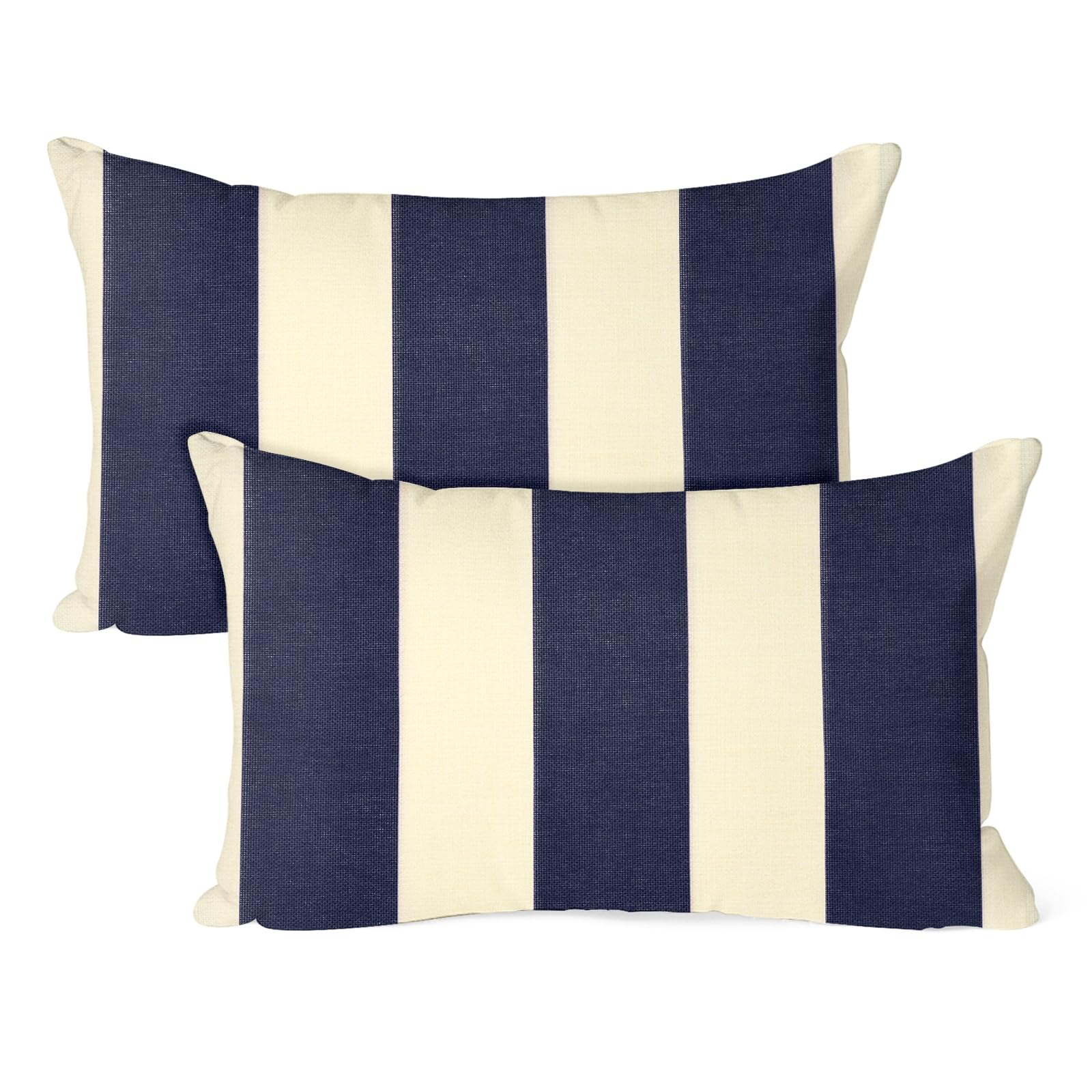M METERXITY 2-Pack Outdoor Waterproof Throw Pillow Cover, 20x12 Inch Linen Striped Decorative Cushion Cover for Patio/Balcony/Garden, Water Resistant Pillow Case [Navy Blue]