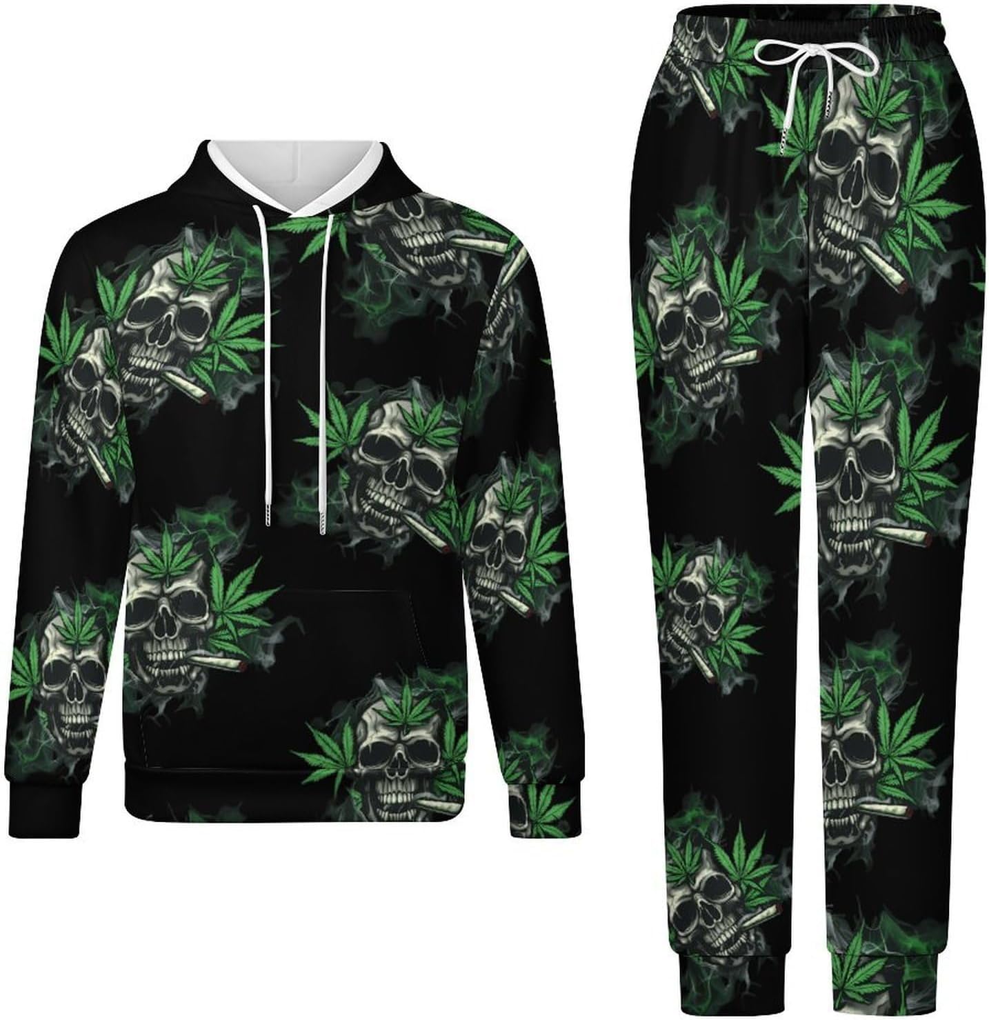 Skull With Weed Leaf Sweatshirts for Men Two Piece Casual Hoodie Tracksuit Jogger Pants